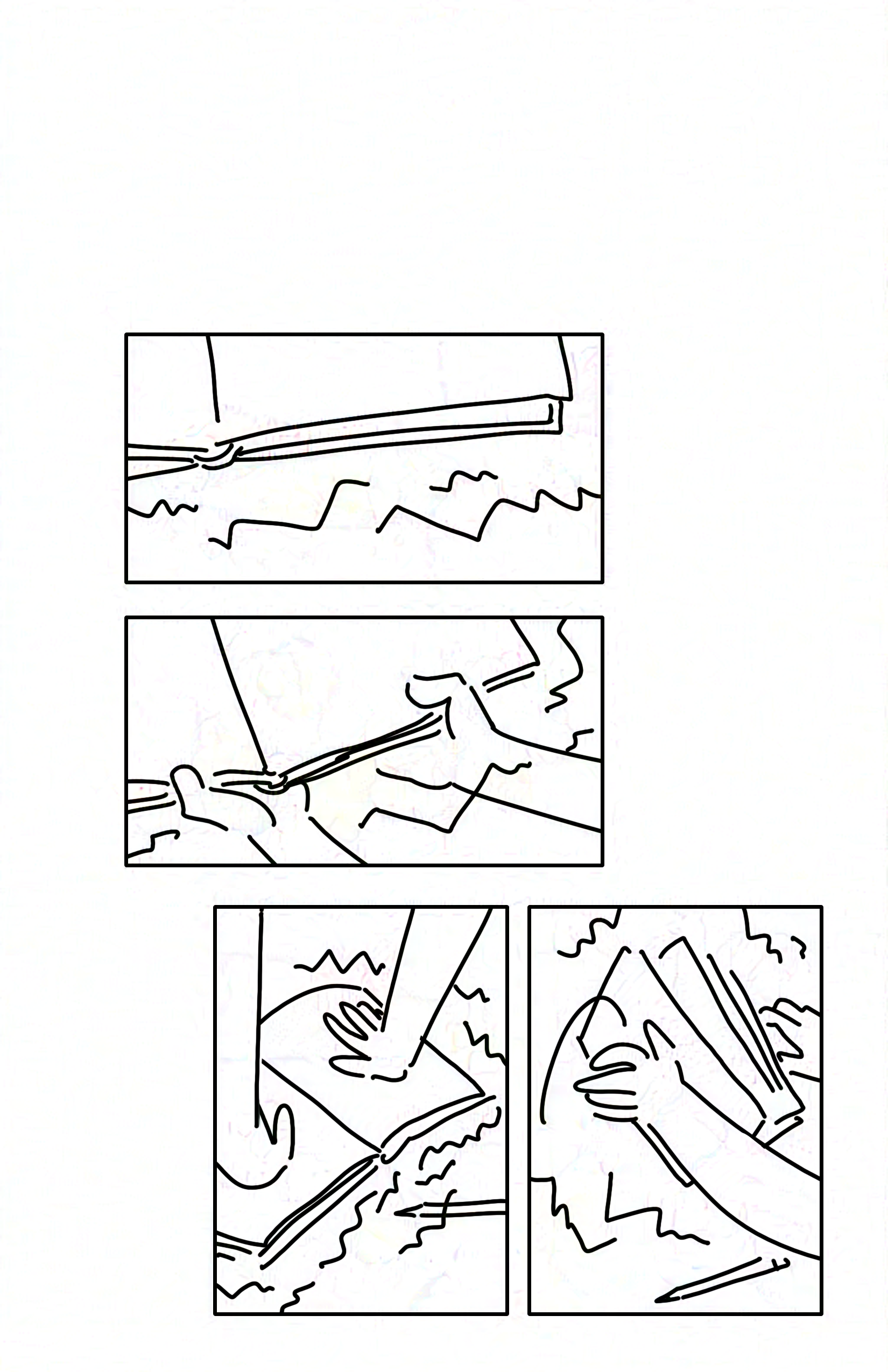 Panel 1: The edge of the floating shaking book.
Panel 2: The librarian grabs the bottom edge of the book with both hands.
Panel 3: The librarian presses the open book to the table, still shaking. It is open but back to a normal size.
Panel 4: The librarian closes the still-shaking book.