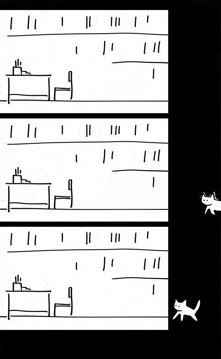 Black and white comic with simple digital drawings.
Panel 1: The librarian's desk with a chair behind it, in a room with shelves of books up the wall.
Panel 2-3: Chekov's cat approaches from outside the panel in the dark background.