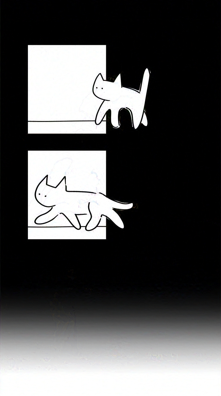 Panel 4-5: Chekov's cat is a white cat. It steps into the panel and trots into the room.
Page fades from black to white.