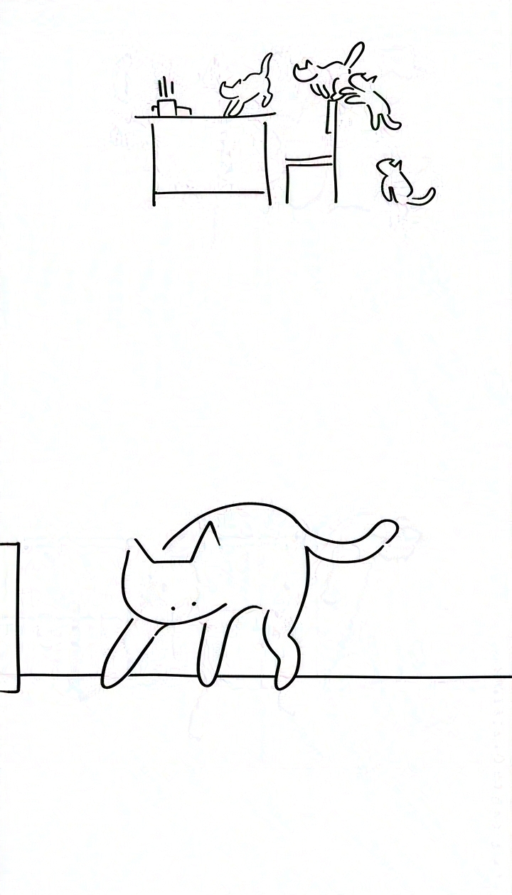 Panel 6: Chekov's cat jumping from the ground, onto the chair, and onto the librarian's desk. This is shown in a sequence of multiple iterations of the cat.
Panel 7: Chekov's cat examining the surface of the table where the box from the previous chapter used to be.