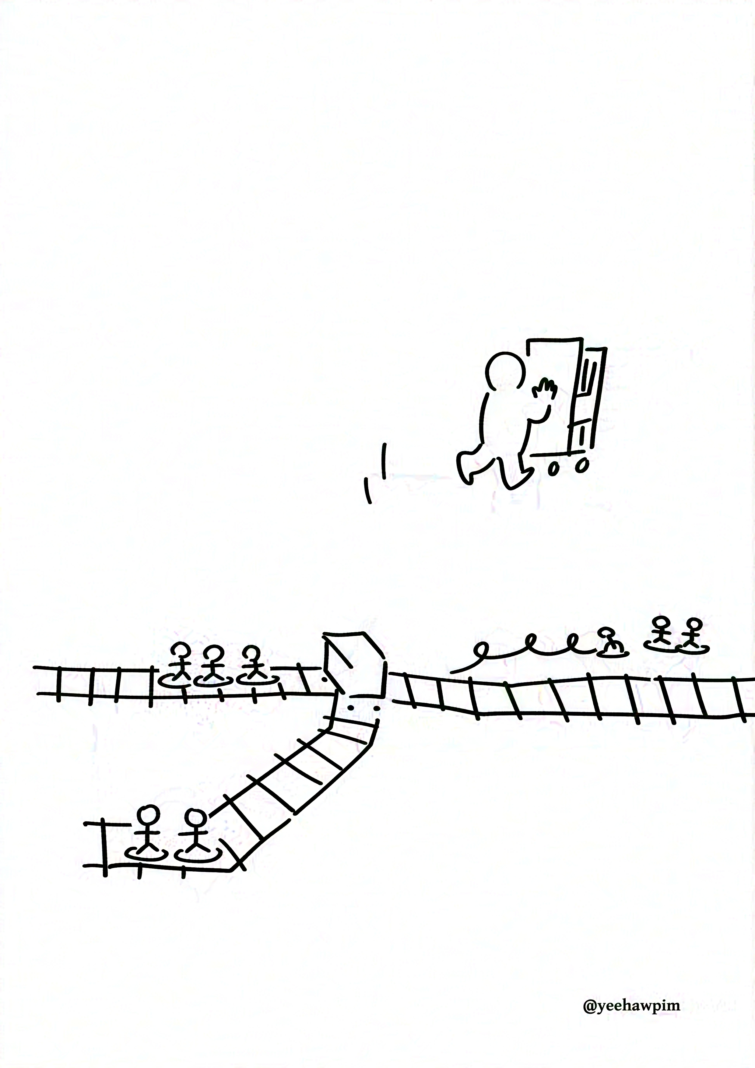 The kid pushing the packed up book cart into the distance, leaving behind the toys on the ground representing the trolley problem. The trolley is still stuck at the intersection, with the three people in the straight path and the two people on the alternate path. The two figurines representing the kids are still next to the switch. Watermark: @yeehawpim