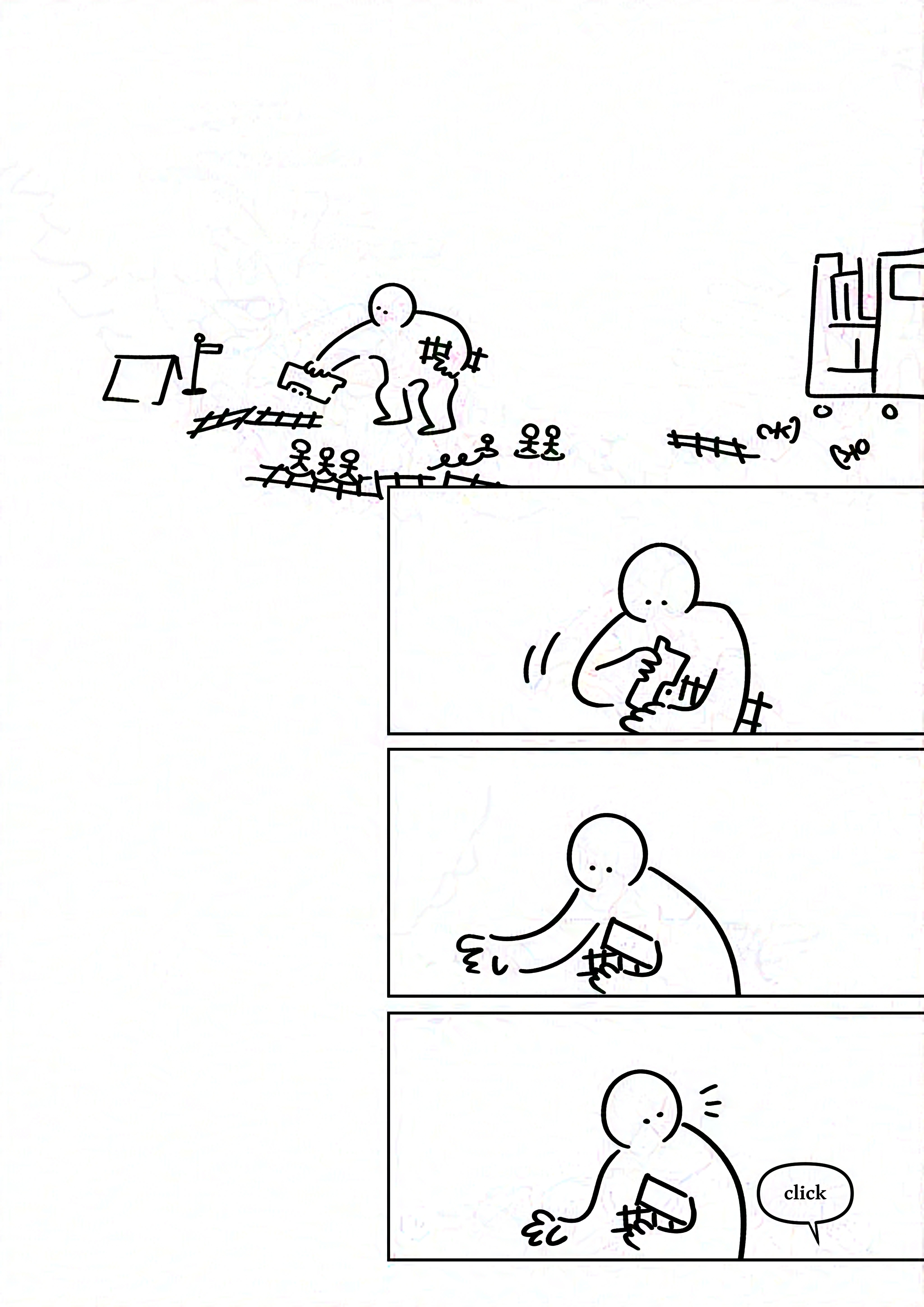 Panel 1: The remaining kid picking up the toys on the ground, cleaning up. There is a library cart they are putting things back on.
Panel 2: The kid picking up a trolley and putting it under their arm.
Panel 3: The kid reaches out for another piece.
Panel 4: The kid looks behind them, their attention caught by a "click"