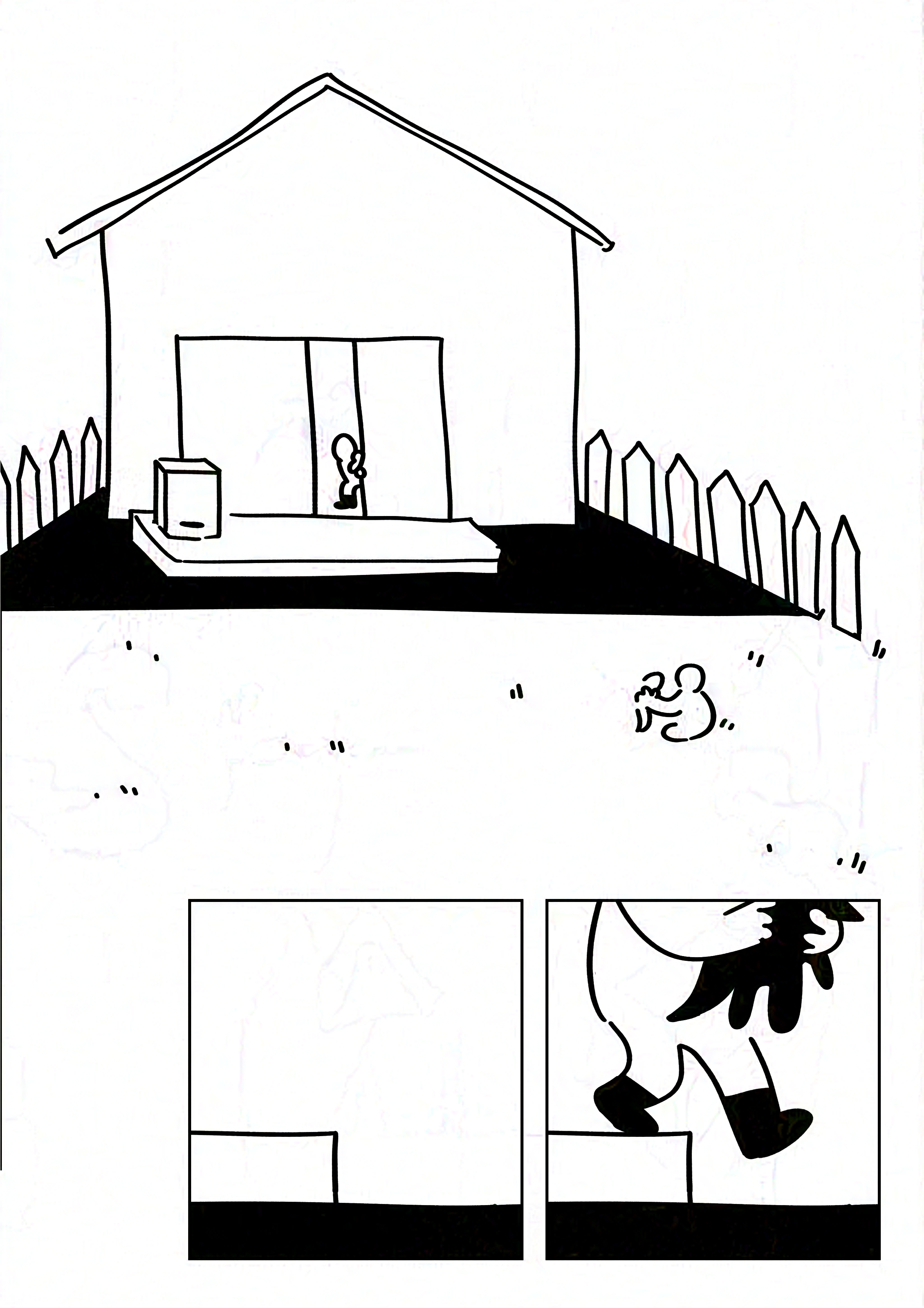 Black and white comic with simple digital drawings.
Panel 1: The backyard of a house. The ground is black close to the house and then turns into grass. There is a white fence on either side. There is an upside-down box next to the sliding doors on the porch. A kid pushes open a sliding door from the inside. They are wearing black rain boots. The kid on the right is sitting on the grass, playing with their Jormungandr plushie.
Panel 2-3: The kid on the left steps down from the porch into the back yard, holding their fenrir plush and wearing black rain boots.