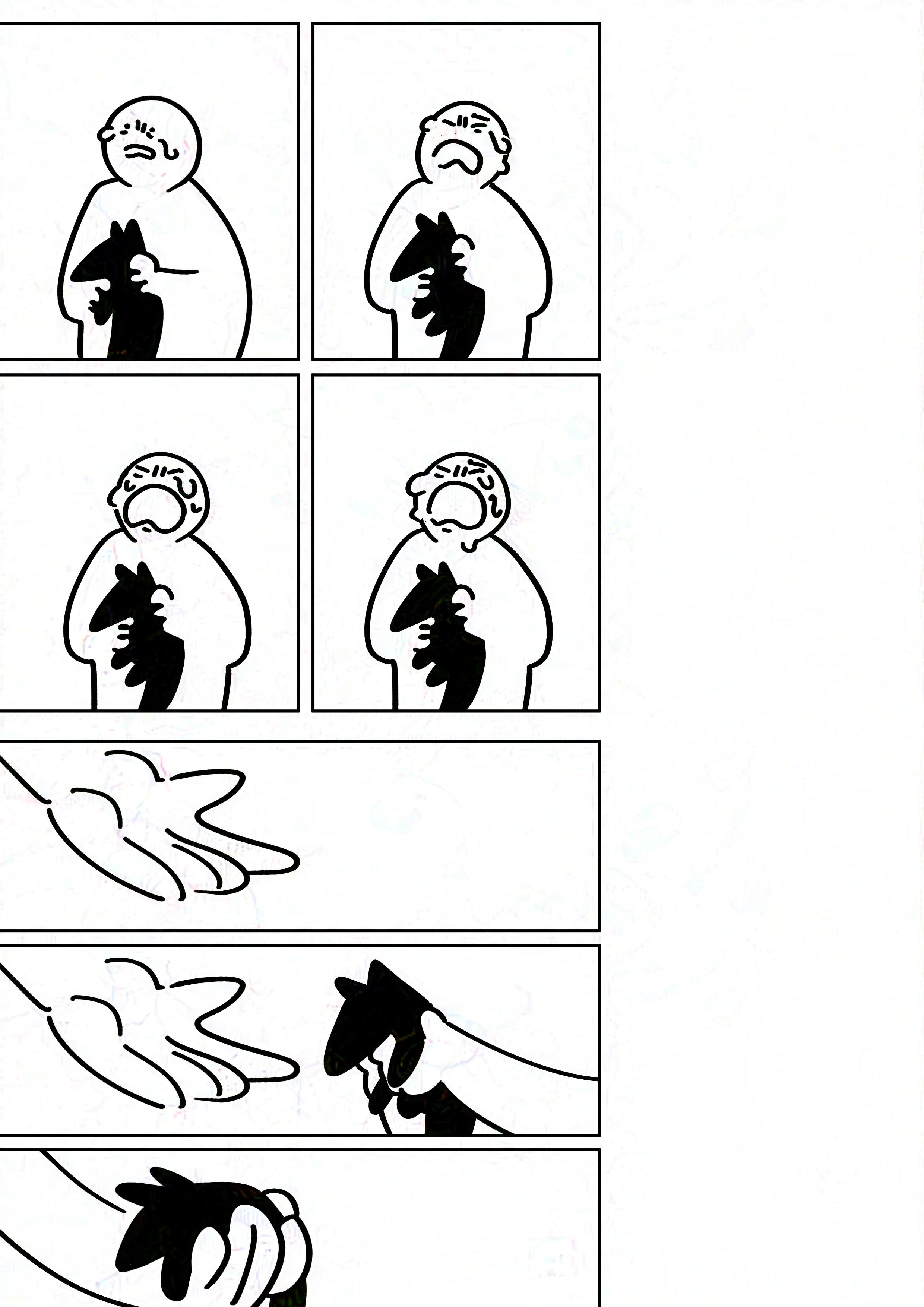 Panel 1-4: The kid clutching their plush and crying with their eyes squeezed shut and mouth wide.
Panel 5: The adult's outstretched hand, waiting to receive something.
Panel 6-7: The kid handing over their plush.