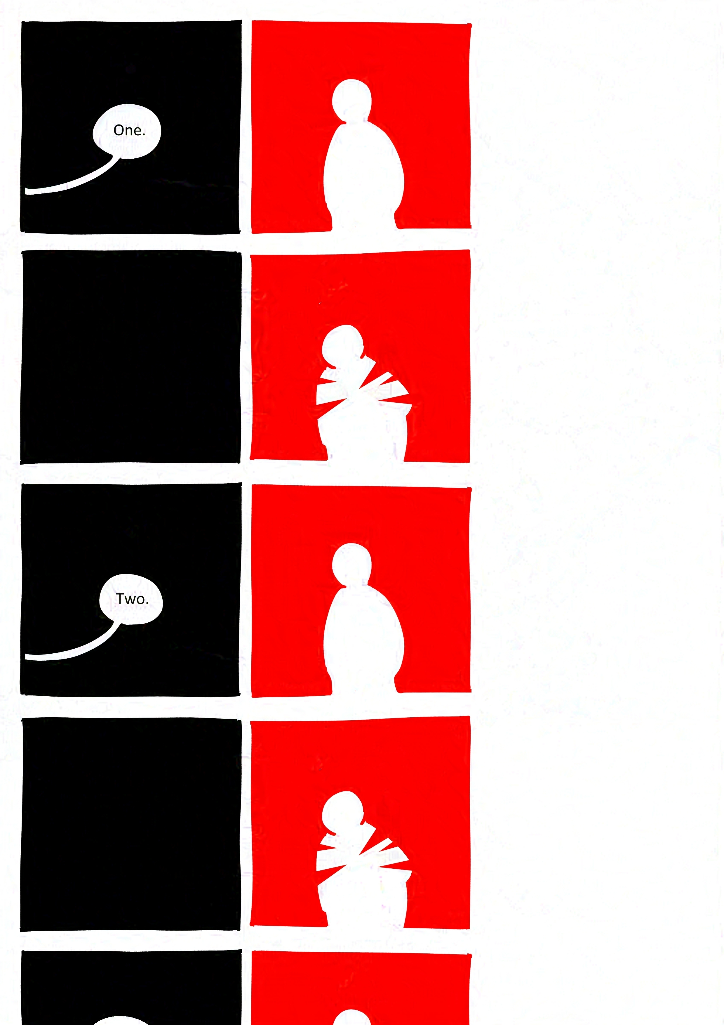 Hand drawn square panels that disappear off the bottom of the page. The ones on the left are black with the adult counting off. The ones on the right are red with the silhouette of the kid standing upright. After each count there are sharp spikes overlapping them, and they hunch slightly.