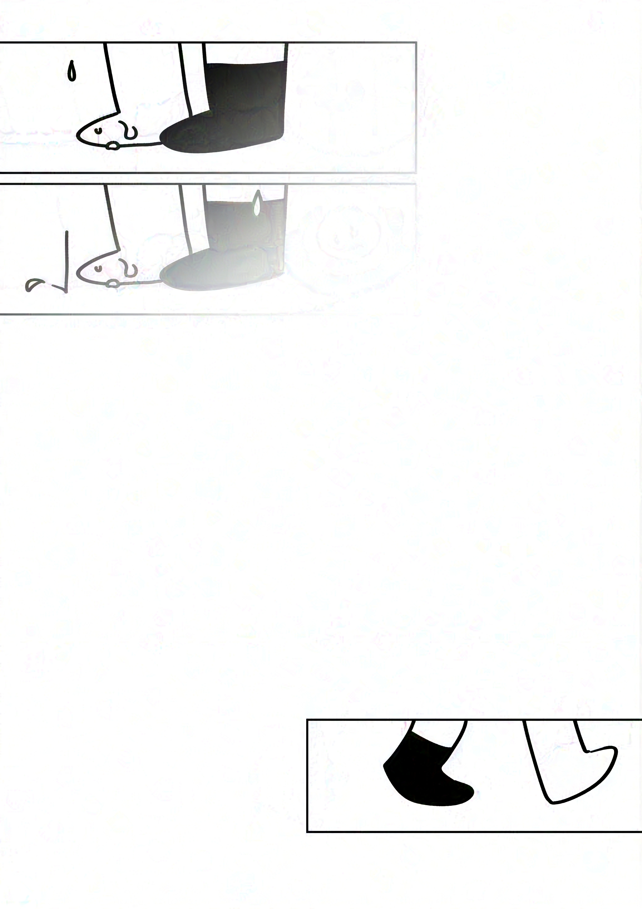 Panel 1-2: Tears falling on the kid's boots, the panels fade to white.
Panel 3: Placed further down the page. Close-up of the kid on the right's feet walking in the opposite direction.