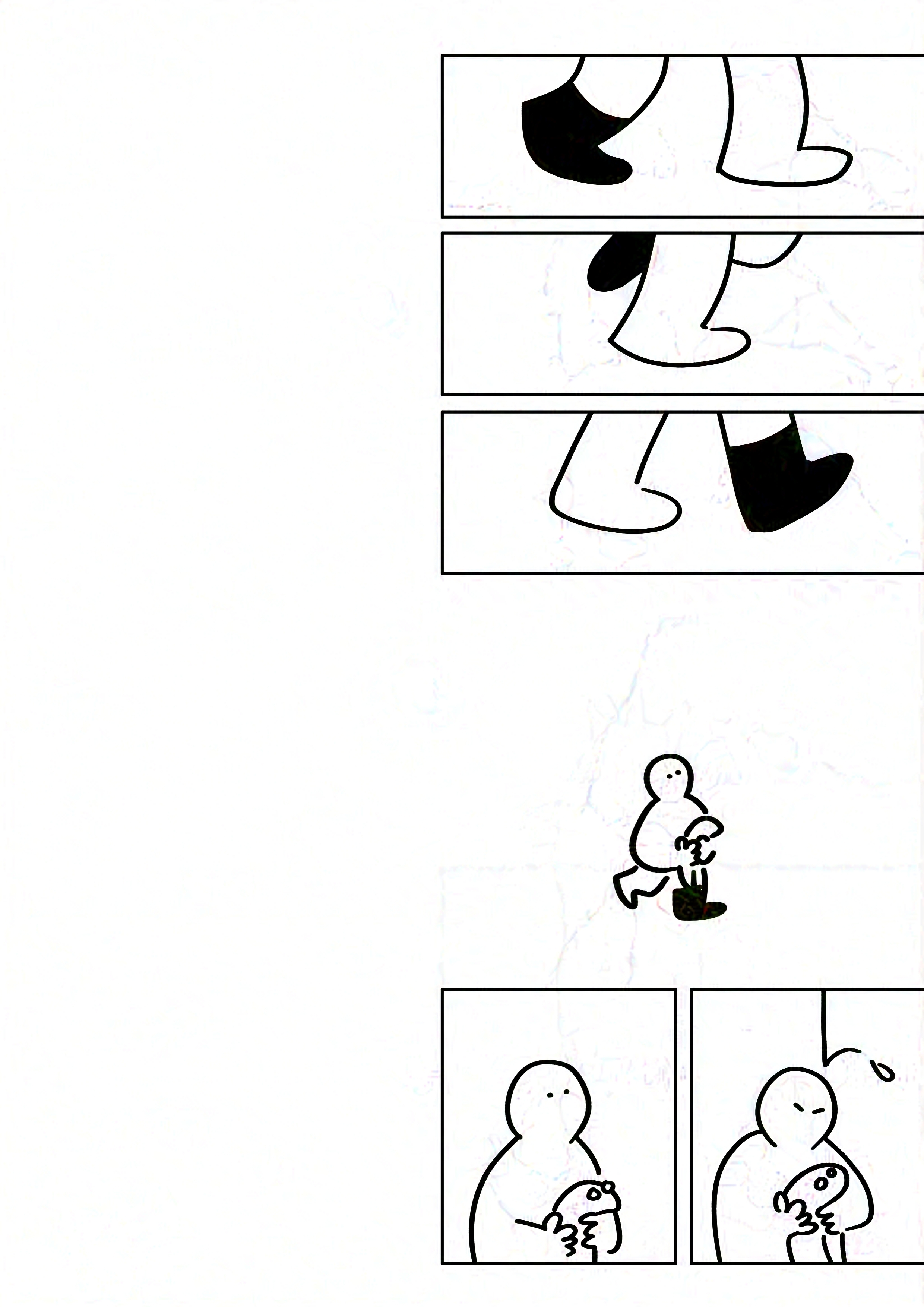 Panel 1-3: The kid on the right's feet walking. They are still wearing the other boot.
Panel 4: The kid on the right walking carrying their Jormungandr plush.
Panel 5-6: A raindrop bounces of the kid's head.