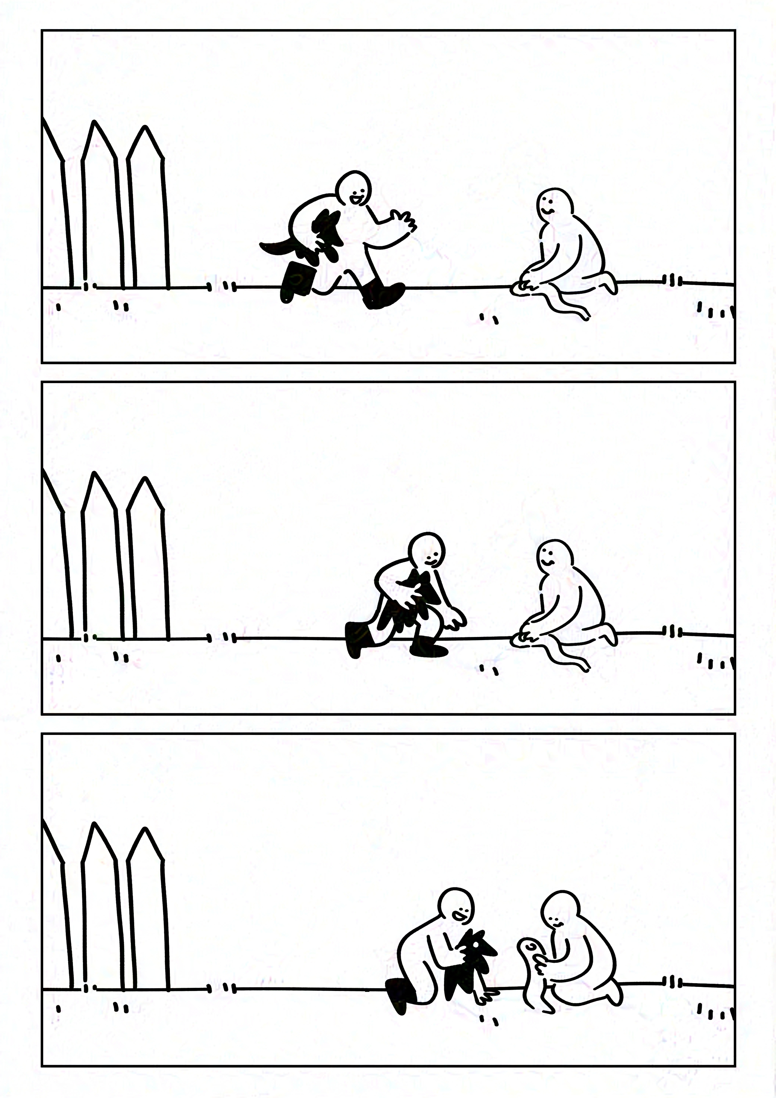 Panel 1: The kid on the left greeting the kid on the right, running towards them. Both are smiling.
Panel 2: The kid on the left going to sit on the ground.
Panel 3: The kids playing with their plushies on the grass.