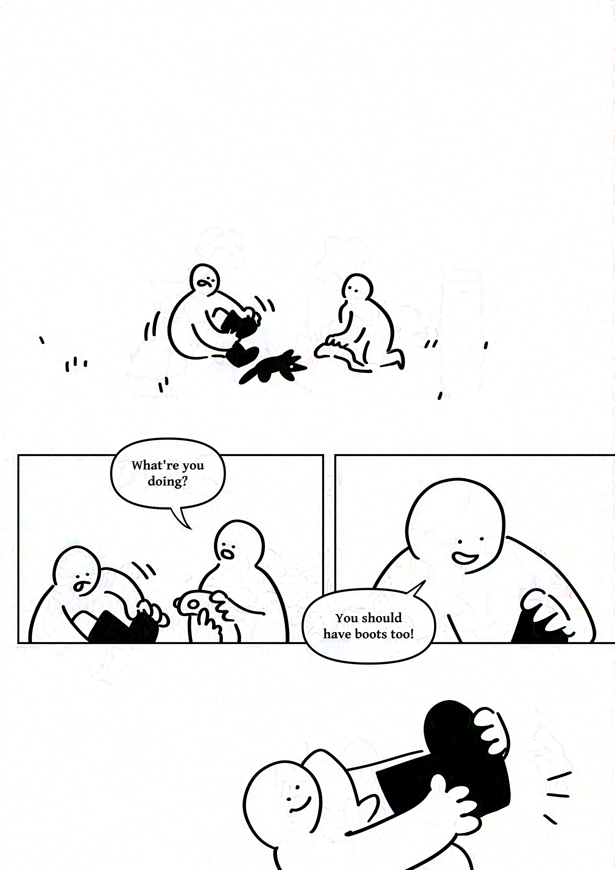 Panel 1: The two kids sitting in the grass with their plushies. The kid on the left has a tongue sticking out in concentration as they pull at one of their boots.
Panel 2: The kid on the right holds their Jormungandr plush and asks, "What're you doing?"
Panel 3: The kid on the left replies, "You should have boots too!"
Panel 4: The kid on the left smiles as their boot pops off their foot.