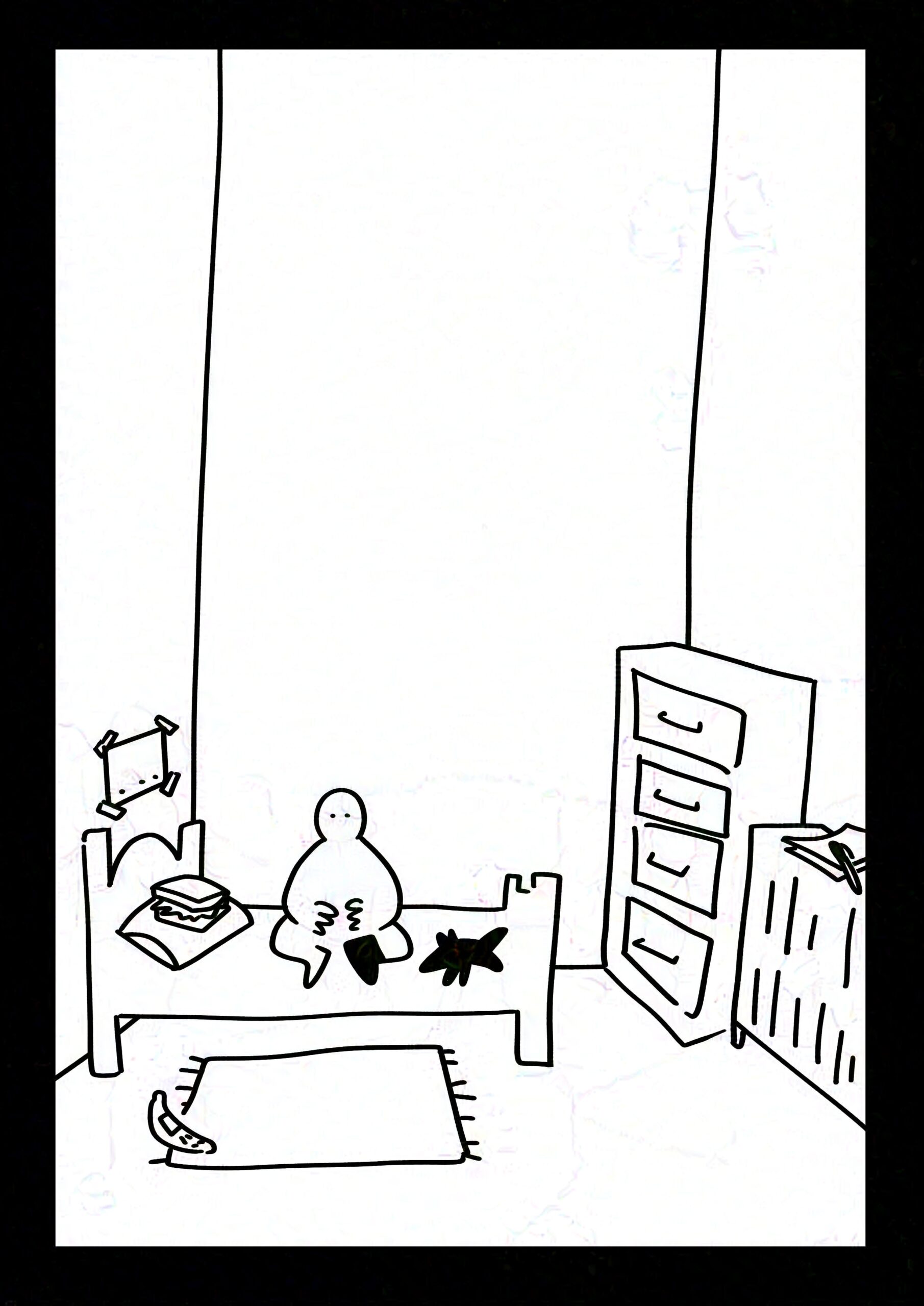 Black and white comic with simple digital drawings. Panel that fills the page with a black background. Kid with a boot on their left foot sits on a bed in their bedroom. There is a sandwich on the pillow, a banana phone on the rug, a black wolf plush beside them, a taped piece of paper on the wall, and a marker on the bookshelf. There are no windows.