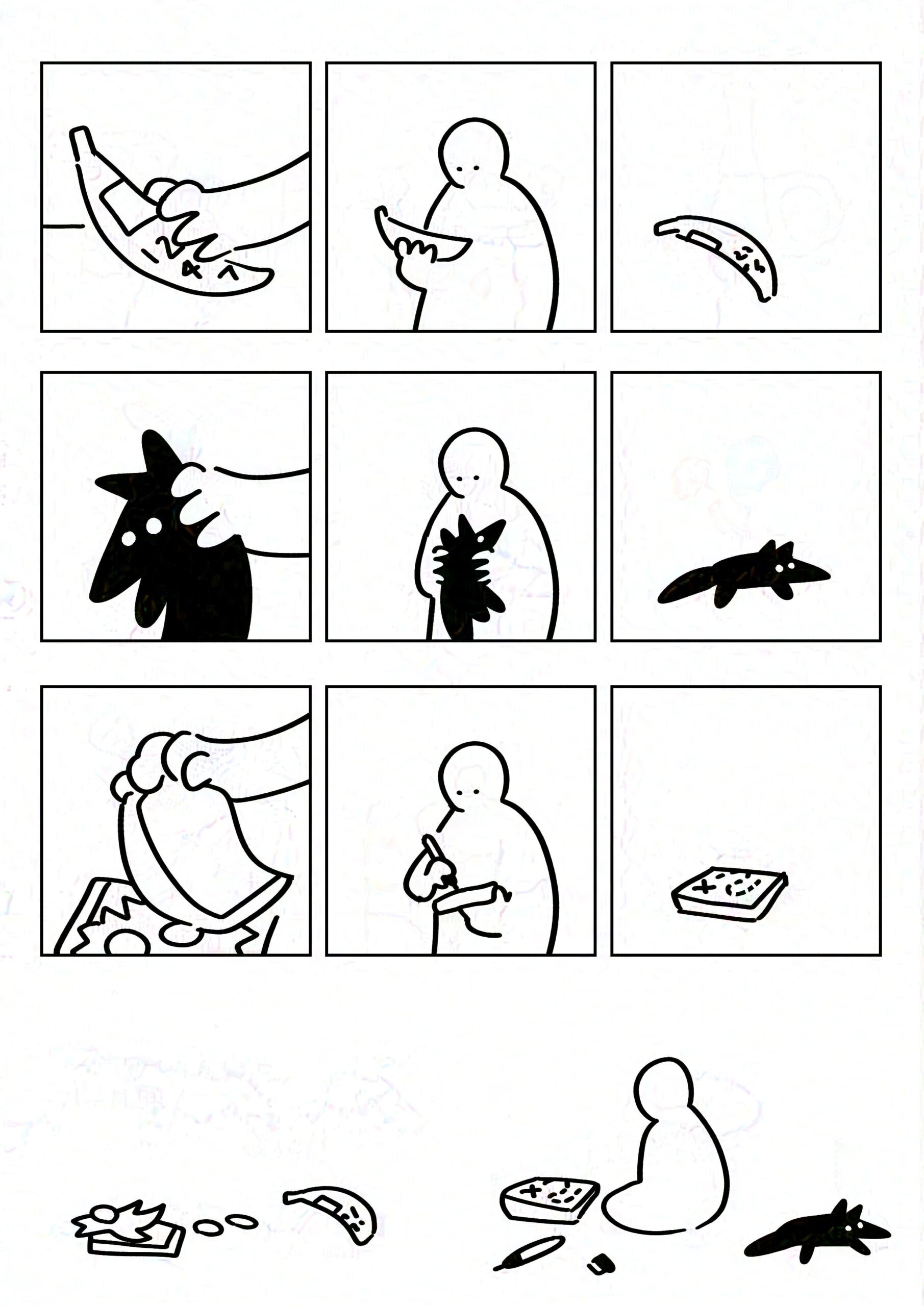 Panel 1-3: The kid picks up the banana phone, looks at it, and leaves it discarded. Panel 4-6: The kid does the same with the Fenrir plush. Panel 7-9: The kid picks up the top bread of the sandwich and writes on it half-heartedly with the edible marker, before discarding it. The bread has a pattern of an X and a dotted line leading up to it. Panel 10: The kid sits alone among scattered discarded toys.