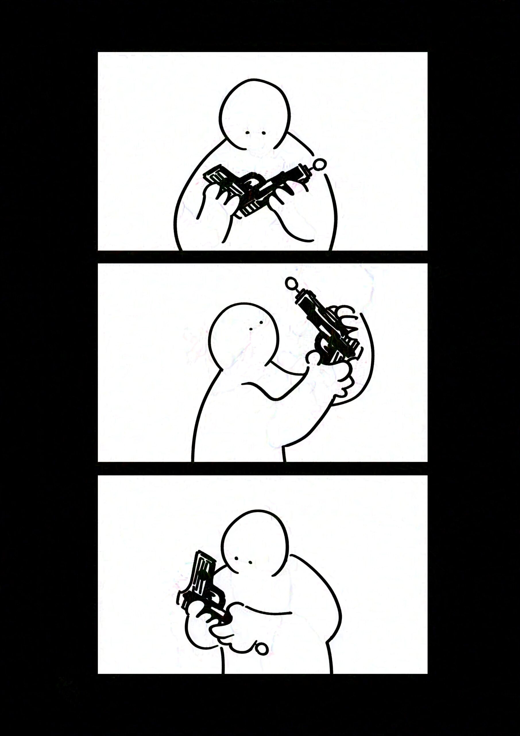 Black background. Panel 1-3: The kid holding the gun up to the light and examining it from different angles, holding it with both hands.