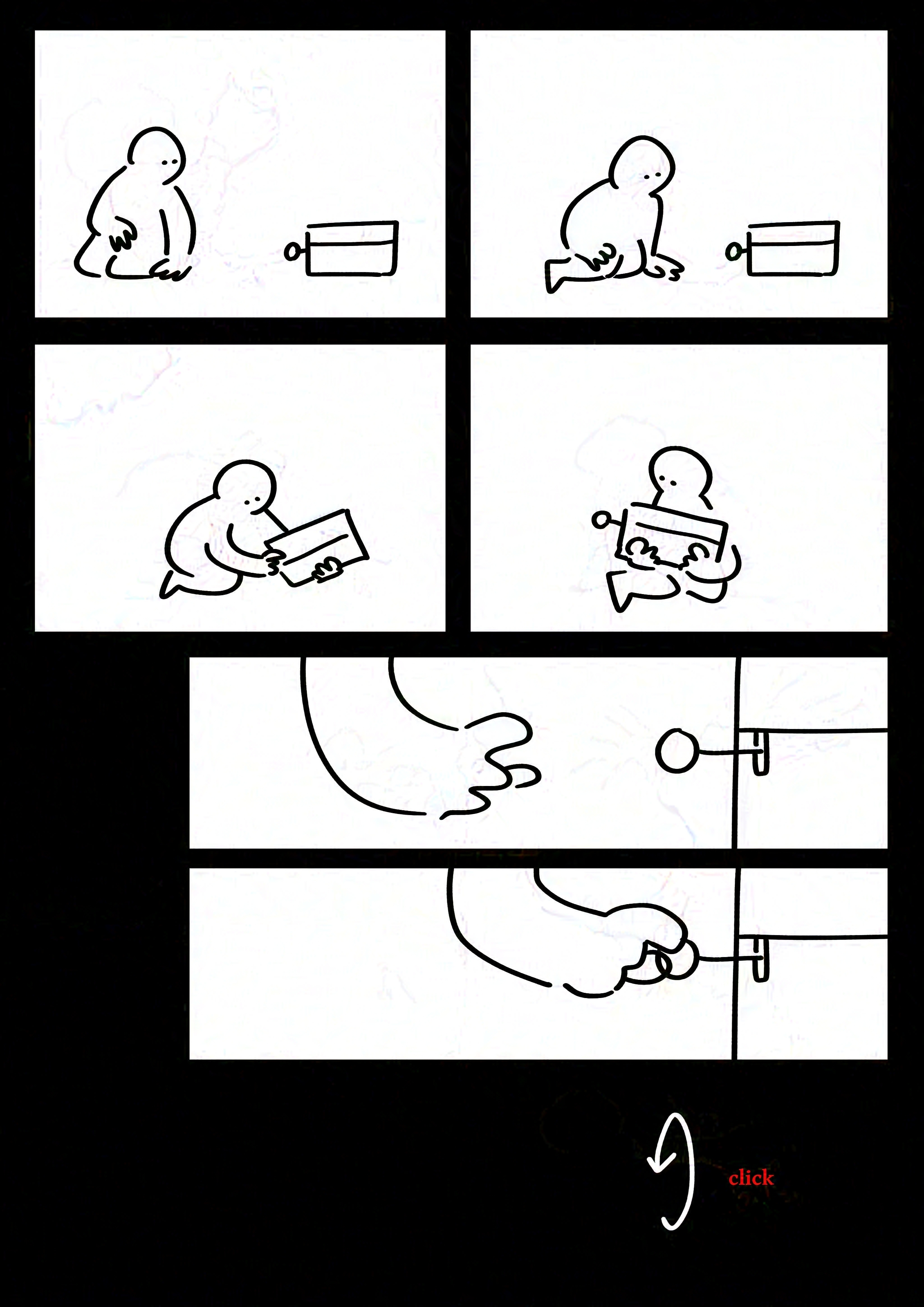 Black background.
Panel 1-4: Kid slowly approaches and picks the box up, looking at the key where it sticks inside the lock.
Panel 5-6: Close-up of the kid's hand taking hold of the key.
Panel 7: An arrow showing the turn of the key in the darkness.
Text (red font): click