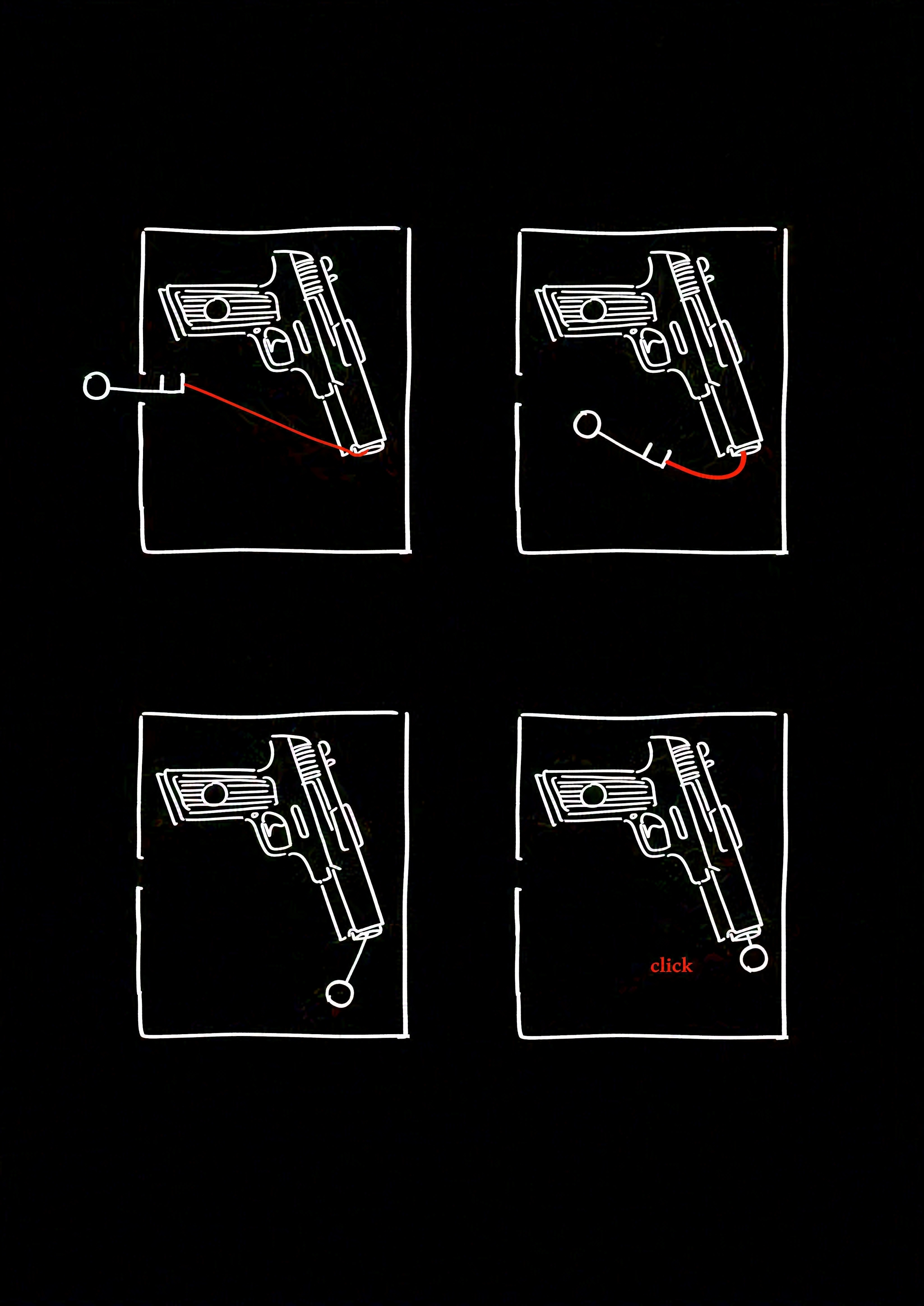 Black page with white line work. Shows the inside of the box, with the key attached to the gun barrel by a red string. It pulls inside like a wind up toy, arming the gun with a red "click"