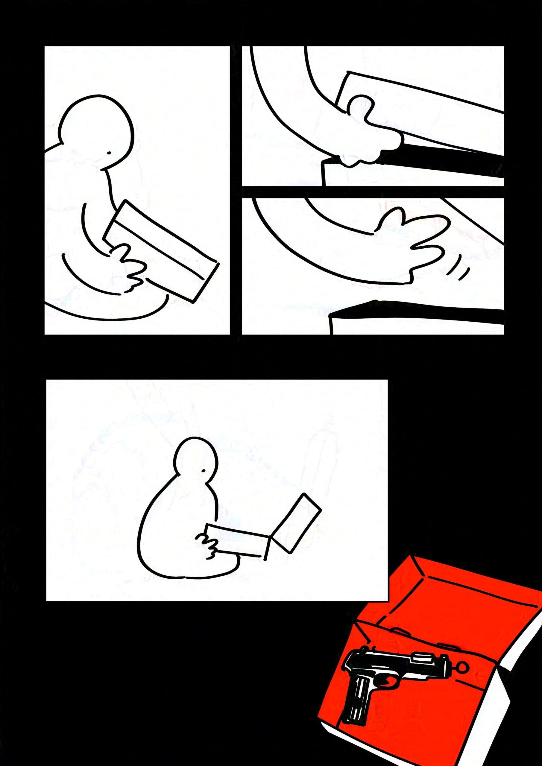 Panel 1: Kid looking at the box in their lap. Panel 2-3: Close-up as the lid is lifted. Panel 4: The kid staring into the open box. Panel 5: The inside of the box is red with the black gun inside.