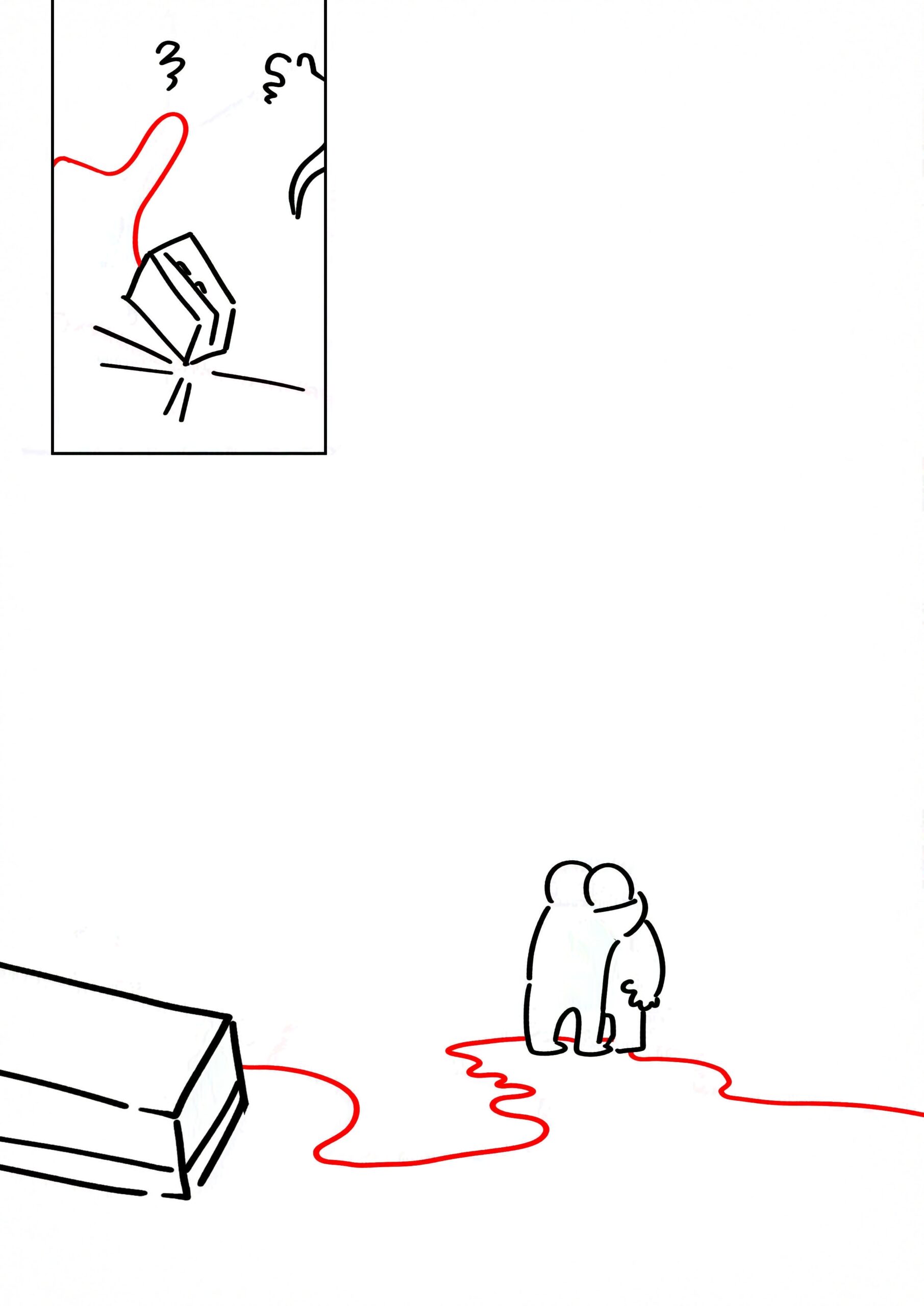 Panel 1: The kid drops the box and it hits the ground.
Panel 2: The kid hugging their friend in the empty room. The red string of Occam's Gun trails on the ground under their feet.