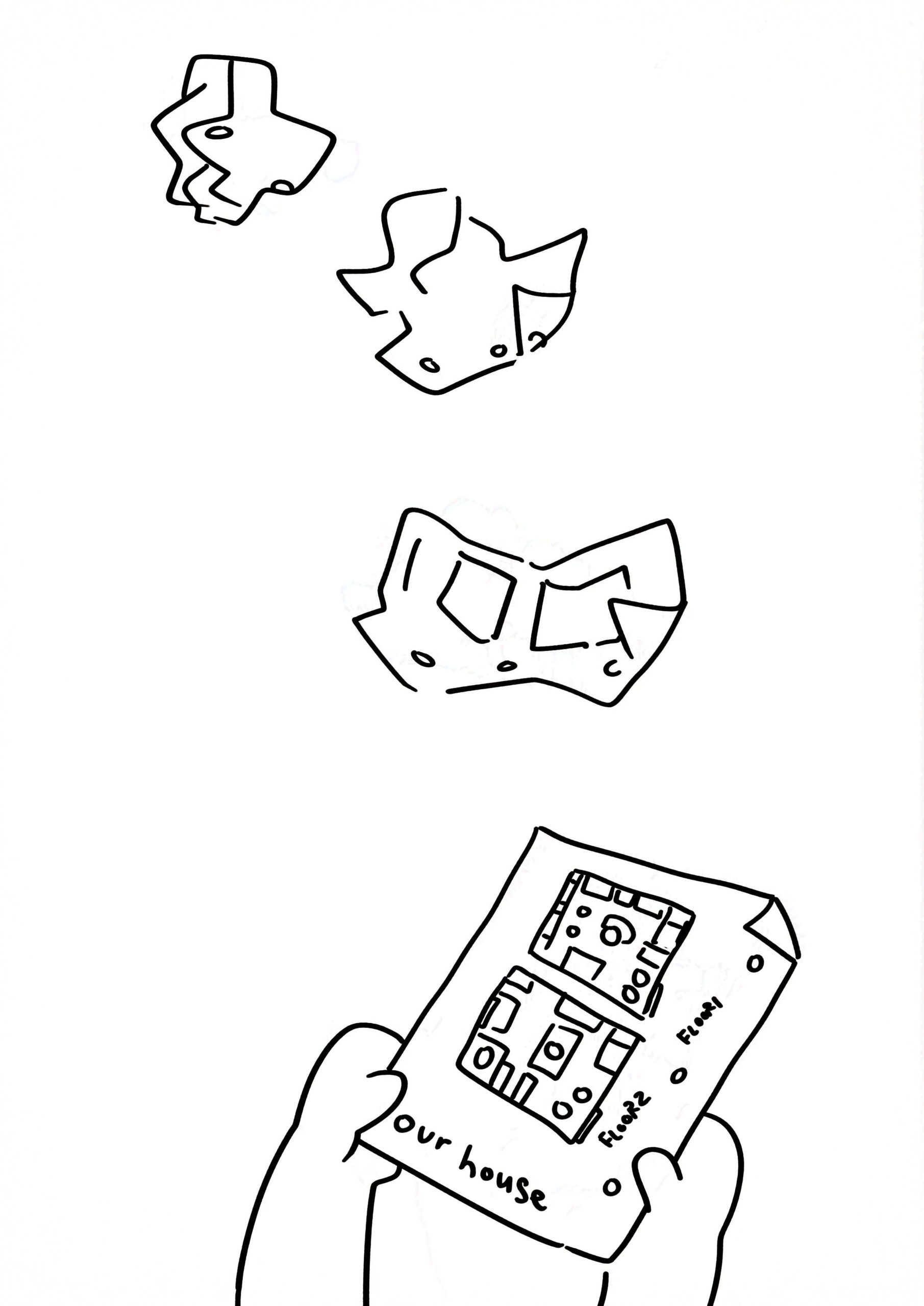 Crumpled piece of paper unfurling to show the map of the two friends' dream house they drew in "14. our house."