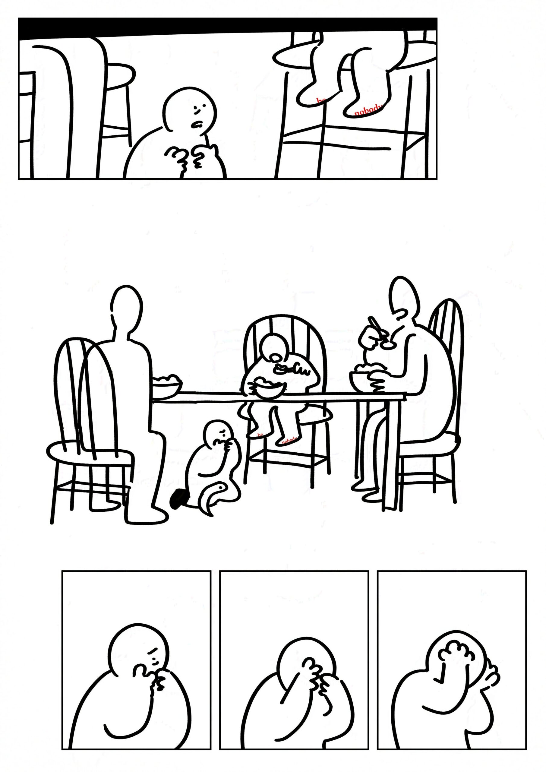 Panel 1: Kid looking up at their friend's feet, dawning horrified expression.
Panel 2: The kid covering their mouth as the blank people above eat dinner at the table.
Panel 3-5: The kid under the table covers their face and rubs it roughly.