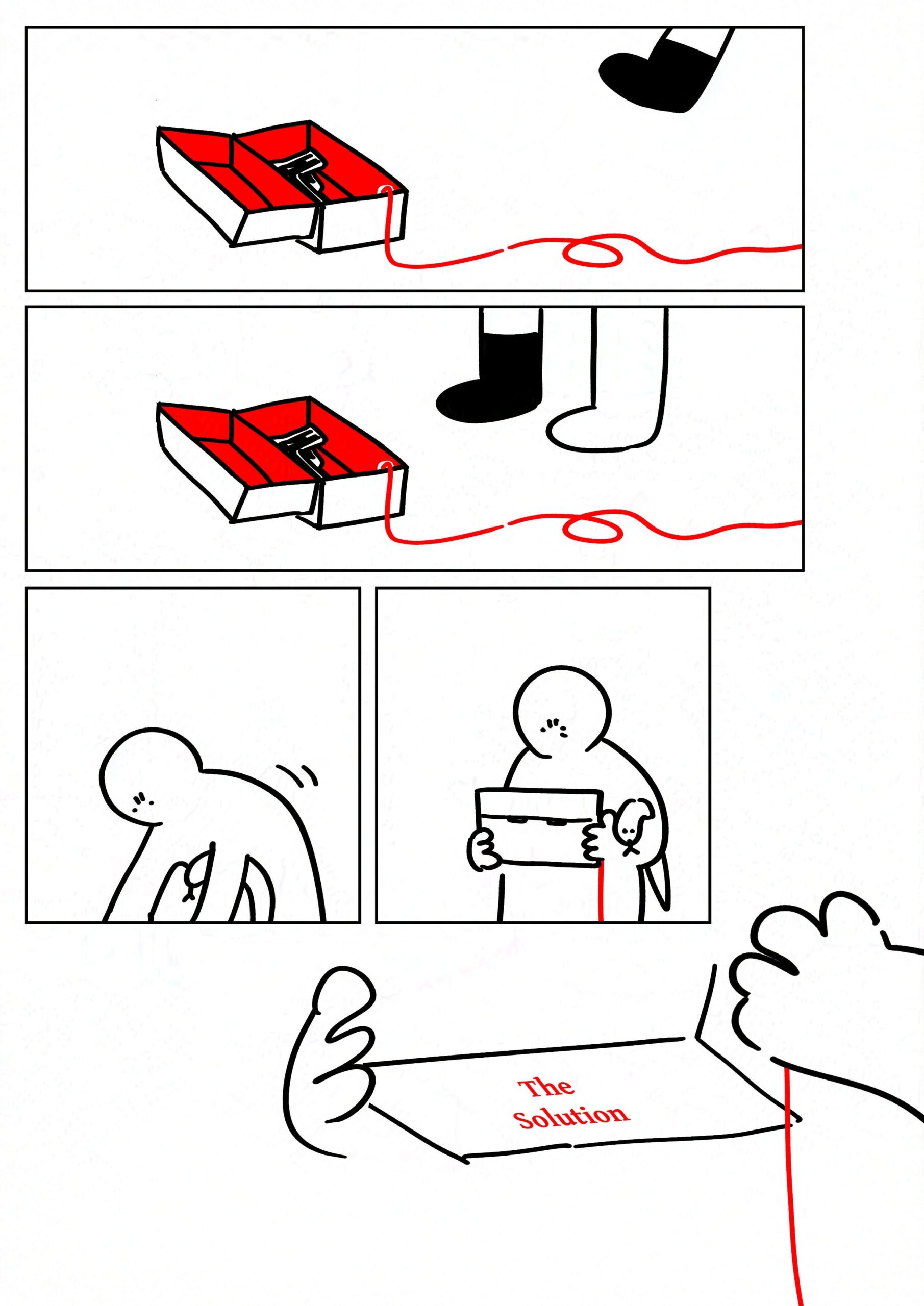 Panel 1-2: The kid walks up to Occam's Gun where it rests inside it's box again. The inside s red, with the red string connected to the key trailing out on the floor.
Panel 3-4: The kid picks up the box, closing it.
Panel 5: On the bottom of the box is written in red text, "The Solution"