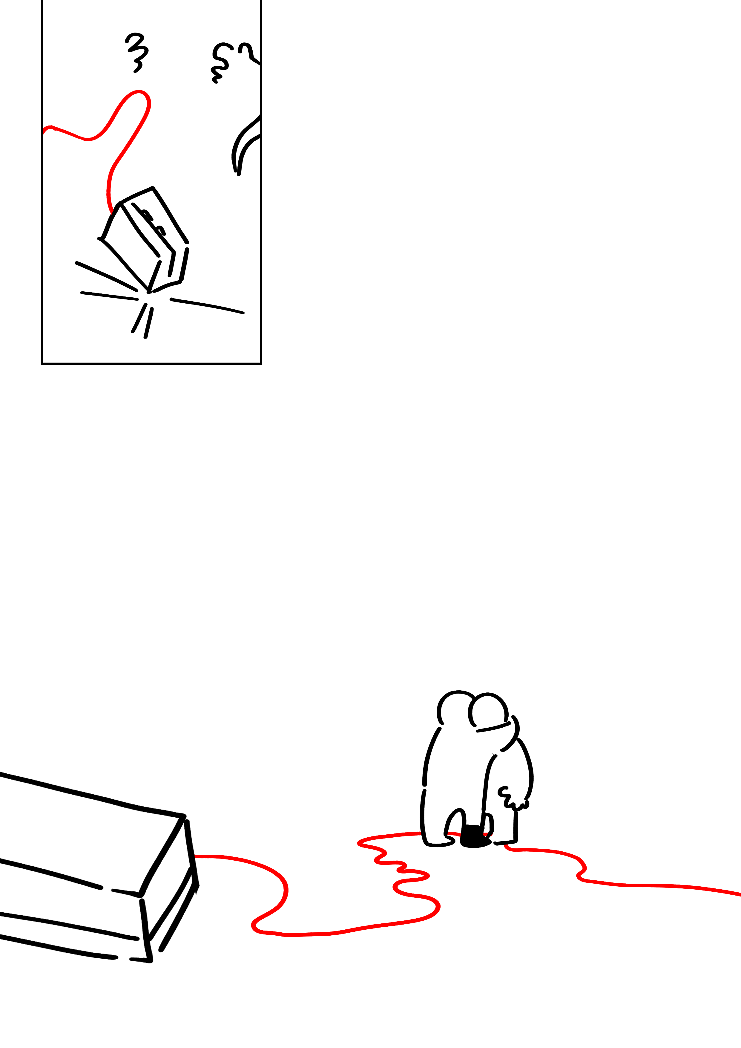 Panel 1: The kid drops the box and it hits the ground. Panel 2: The kid hugging their friend in the empty room. The red string of Occam's Gun trails on the ground under their feet.