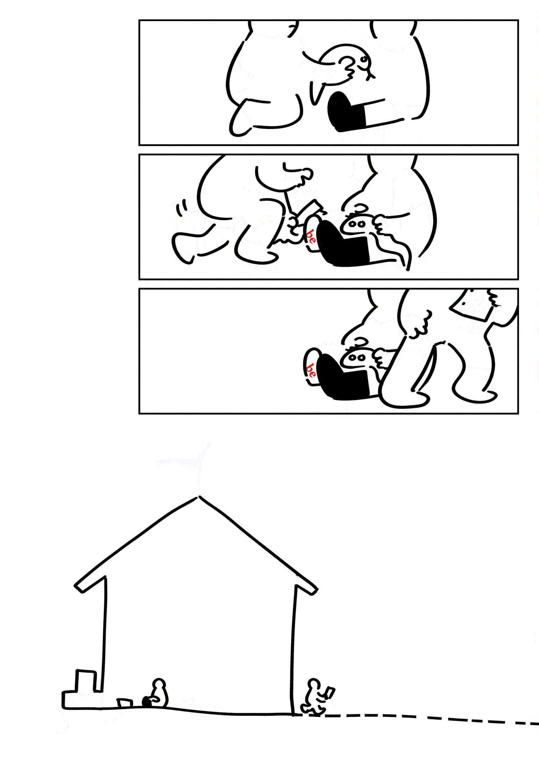 Panel 1-3: The kid puts their Jormungandr plush in their friend's hands and gets up to leave.
Panel 4: The kid walks out of the house onto a dotted line like the one their friend drew on bread. They hold the piece of paper in front of them.