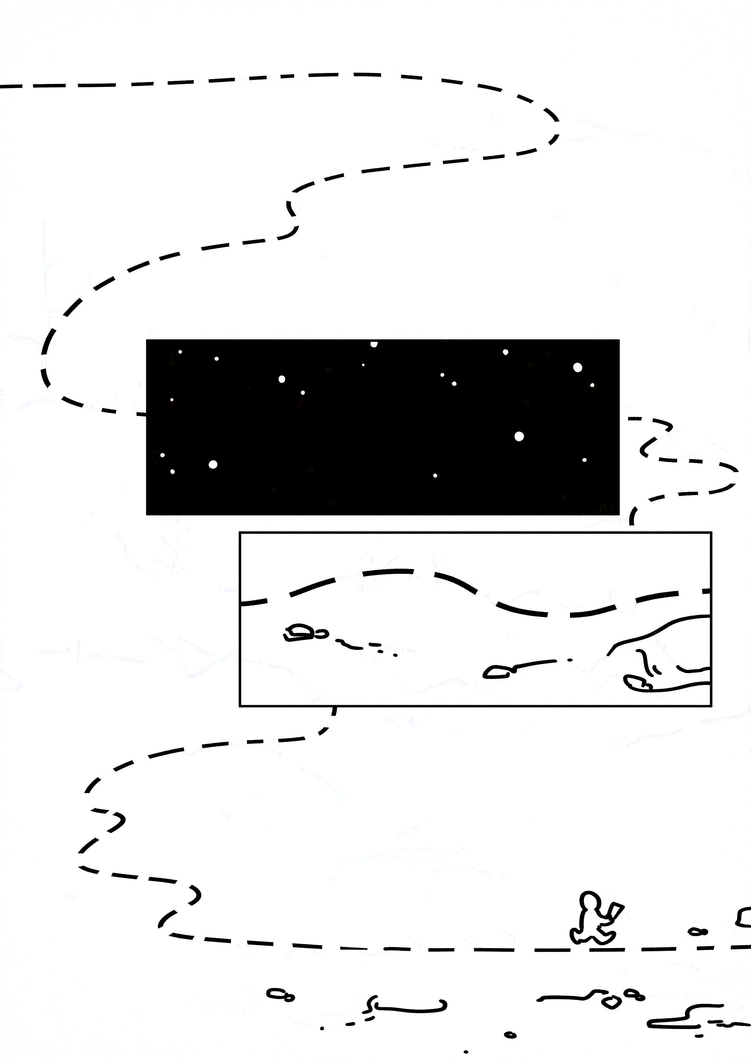 Dotted line going down the page and behind panels.
Panel 1: Dark outer space with stars.
Panel 2: Close-up of dotted line on the rocky surface of the moon.
Panel 3: The kid holding the piece of paper and walking along the line on the moon.