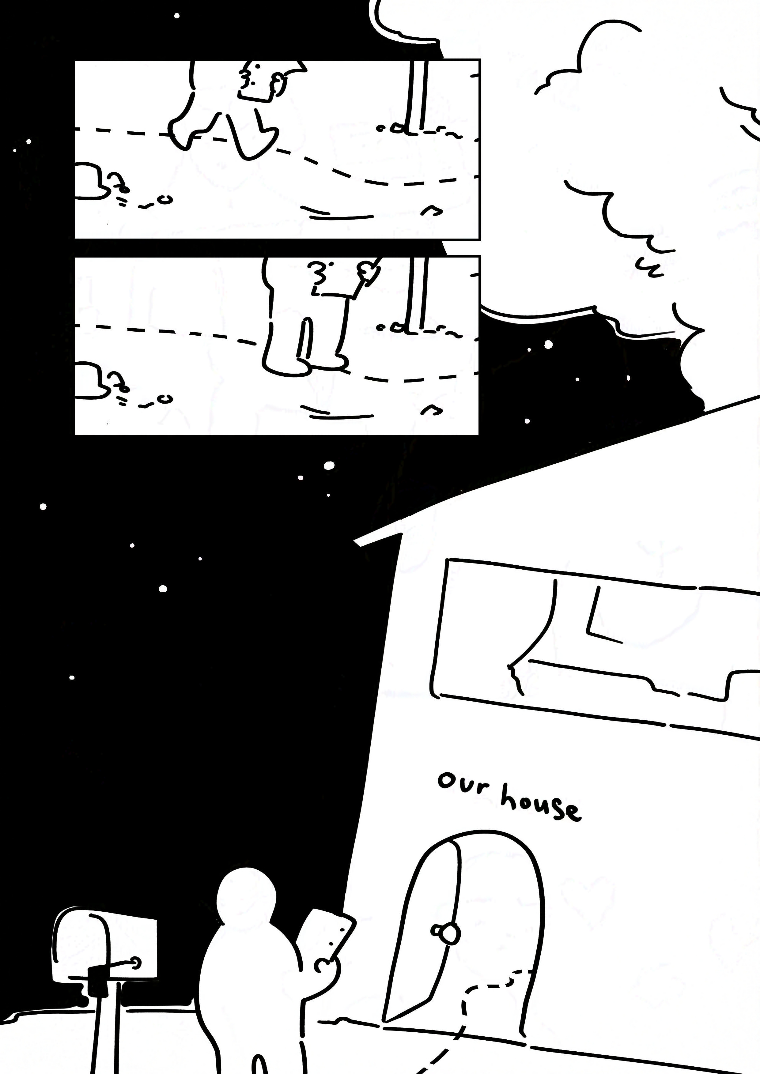 Panel 1-2: The kid walking along the dotted line on the ground and stopping.
Panel 3: The kid looking at how the dotted line goes into a house. There is a tree growing out the top and above the open front door is the handwritten text, "our house"