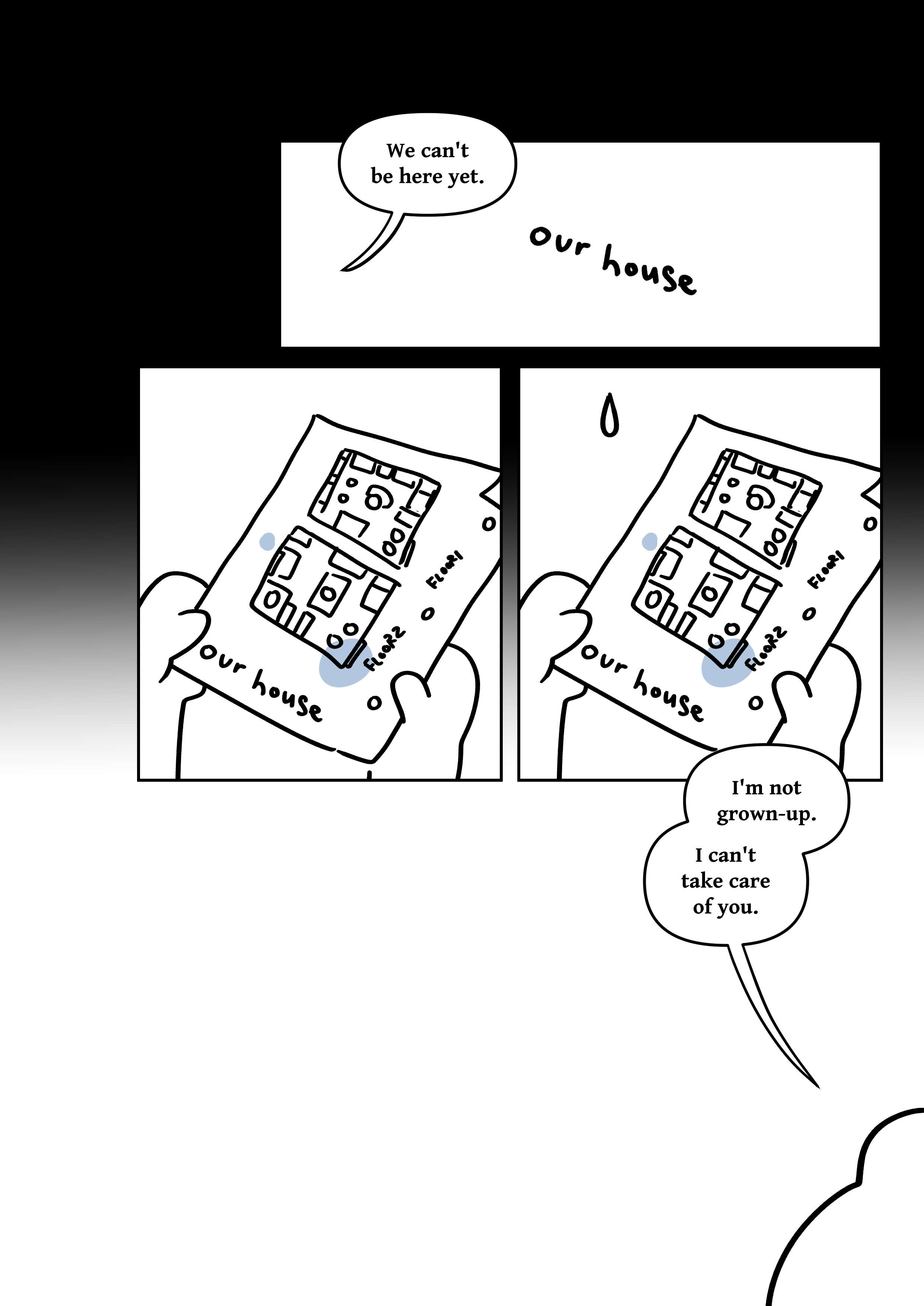 Black background fading to white again. Panel 1: Hand-written text that is on the map reading, "our house" The kid says, "We can't be here yet." Panel 2-3: The kid's hands holding the floor plan with some round blue stains on it. It's the same colour used in "4. free wish" A tear falls down. Panel 4: The kid's back slightly bent over, their face can't be seen as they say, "I'm not grown-up. I can't take care of you."