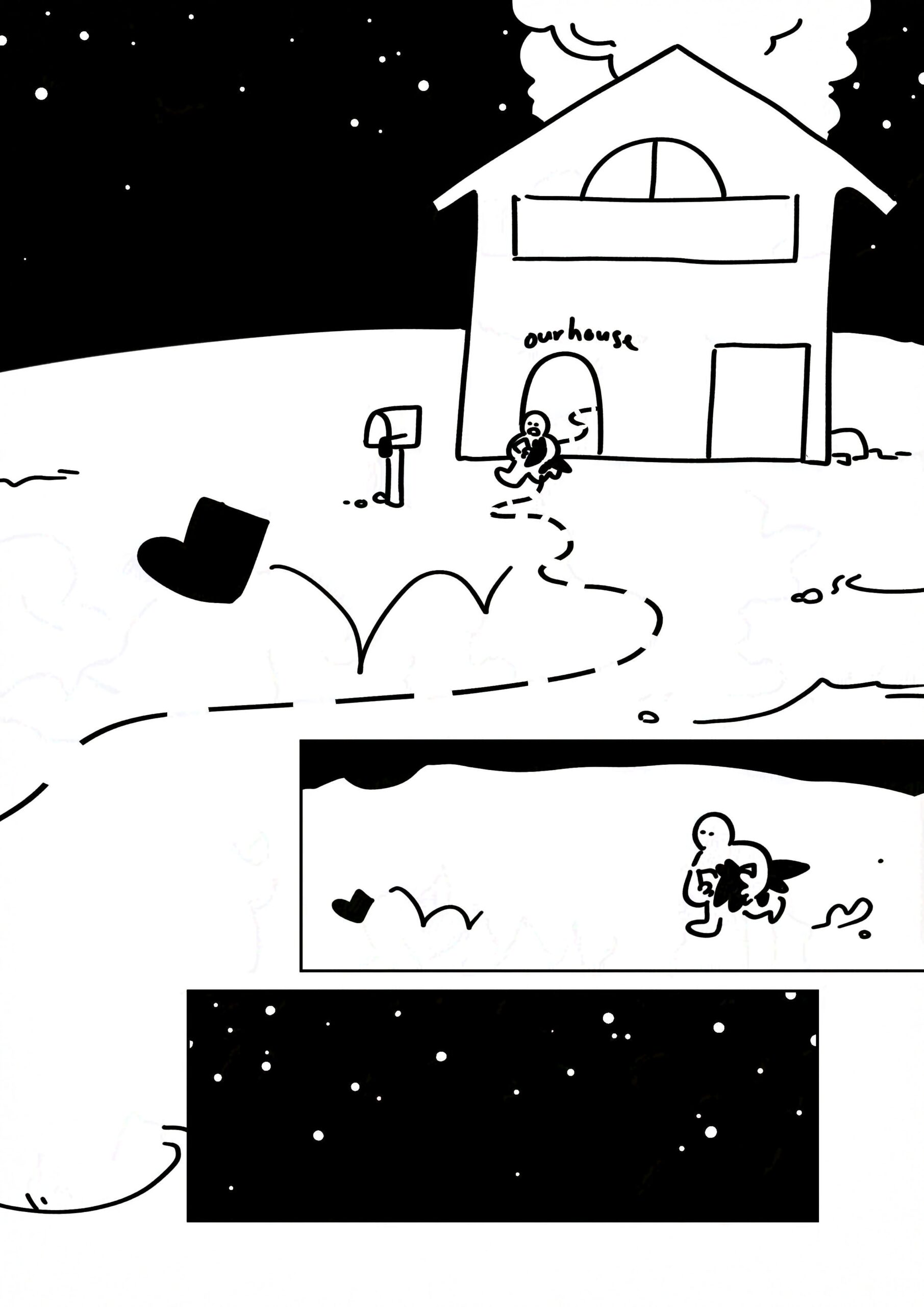 Panel 1-2: The kid chasing the boot out of the front door of the house as it hops along the dotted line on the ground. They carry the Fenrir plush and map in their arms. Panel 3: The night sky with stars.