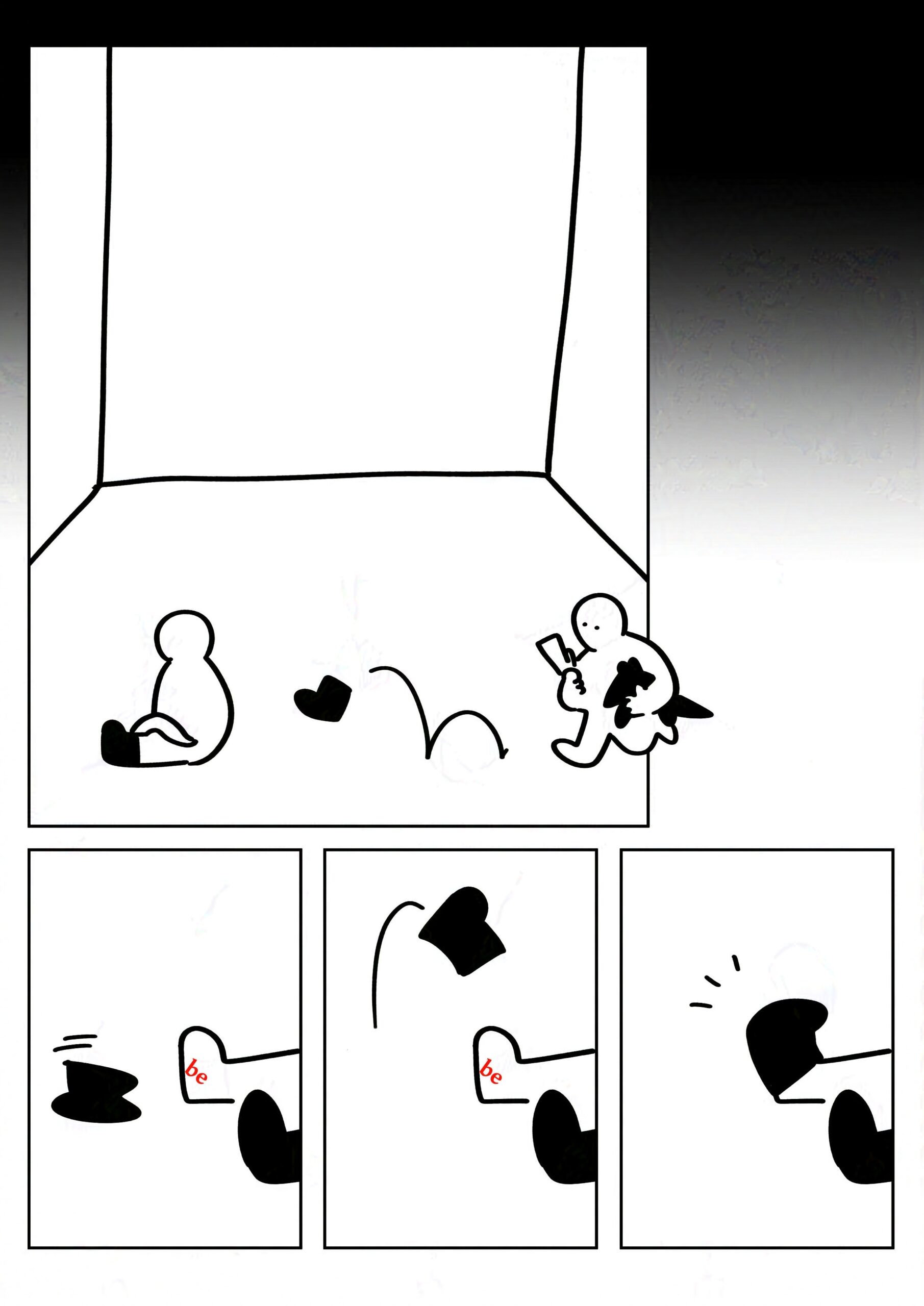 The kid walking back into their friend's room where they're still sitting on the floor, blank.
Panel 2-4: The boot hops up and pops onto the friend's other foot without a boot.