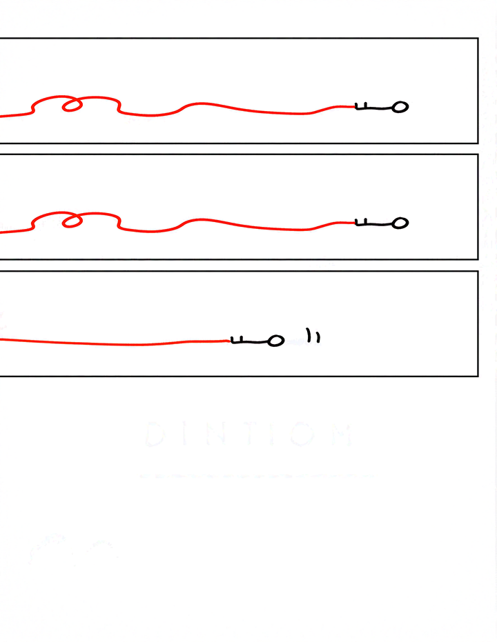 Panel 1: The key of Occam's Gun on the ground, attached to a red string that trails off the page.
Panel 2: Repeated panel.
Panel 3: The string is pulled tight and the key starts to move towards the edge of the page.