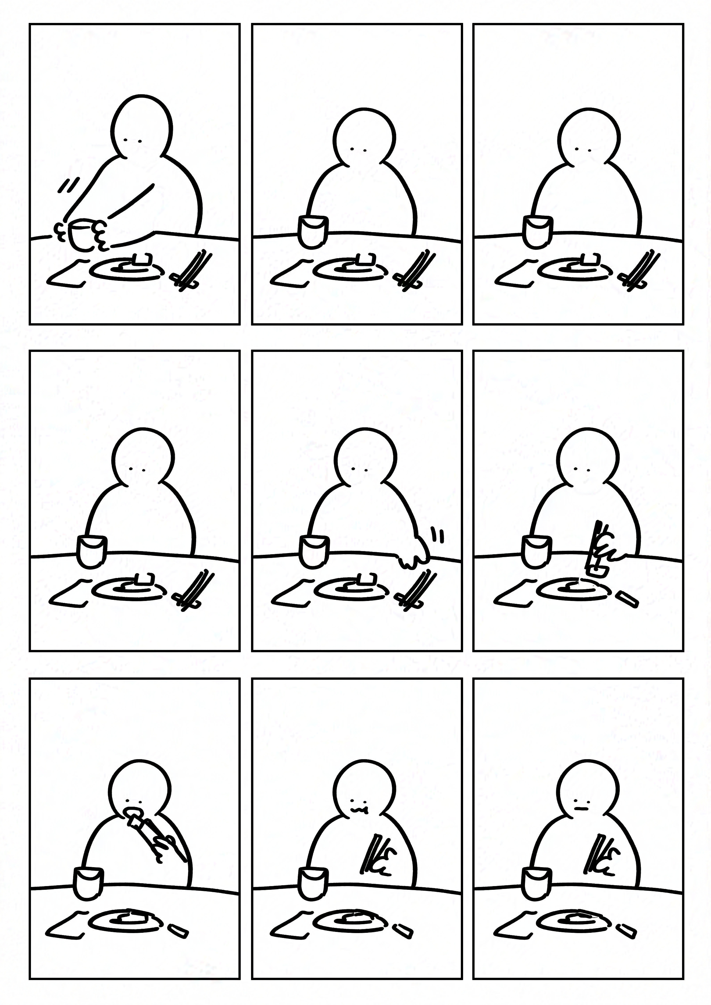 Page of nine identical panel shapes laid out in 3 by 3. Panel 1: The kid putting down their teacup and staring at it. Panel 2-4: Repeated panel. Panel 5-9: The kid picking up their chopsticks and eating a piece of food from their plate, all while still staring at the teacup.