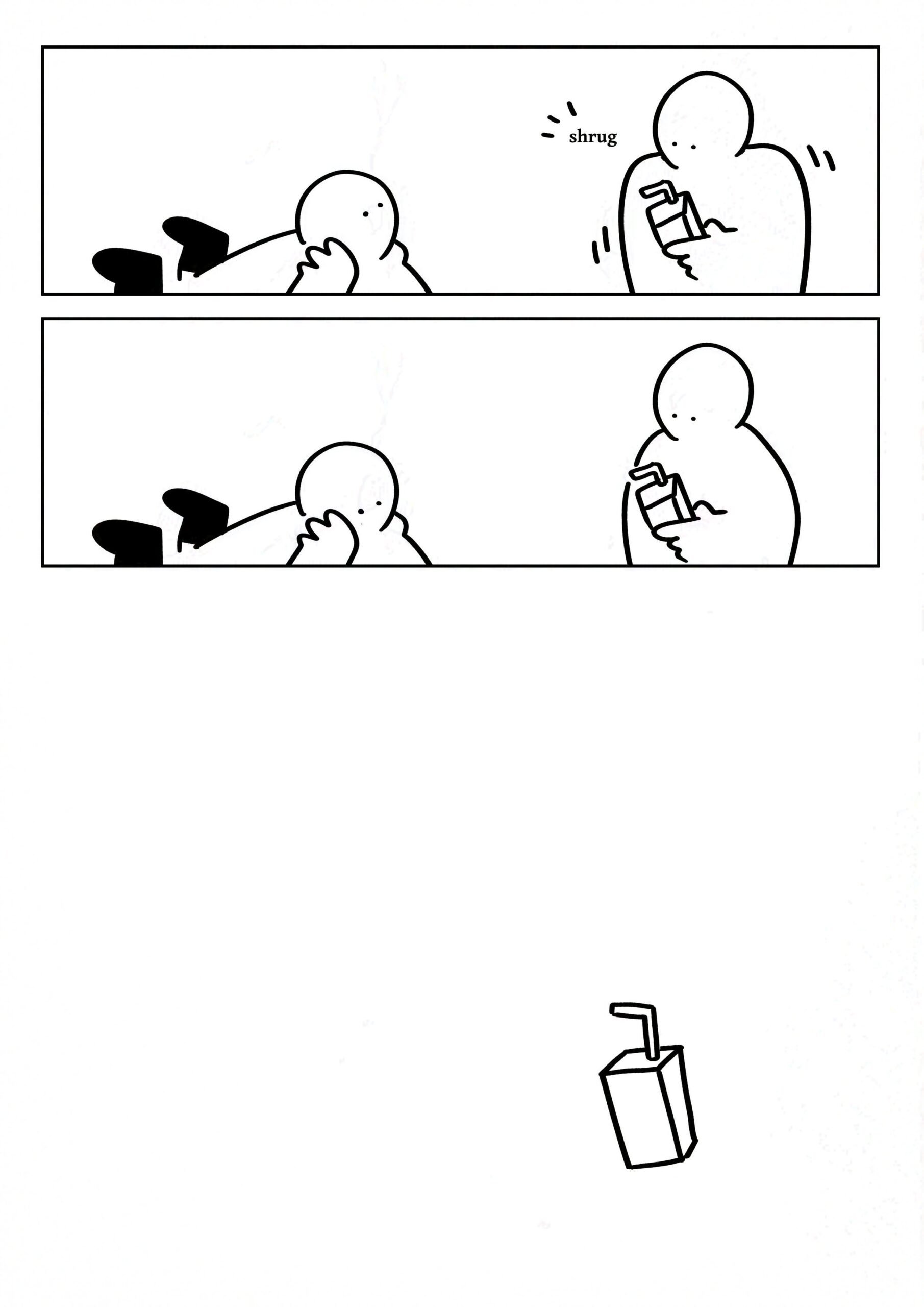 Panel 1: The kid on the left looks up as the other shrugs. Panel 2: They stare down at the glass. Panel 3: The juice box in white space.