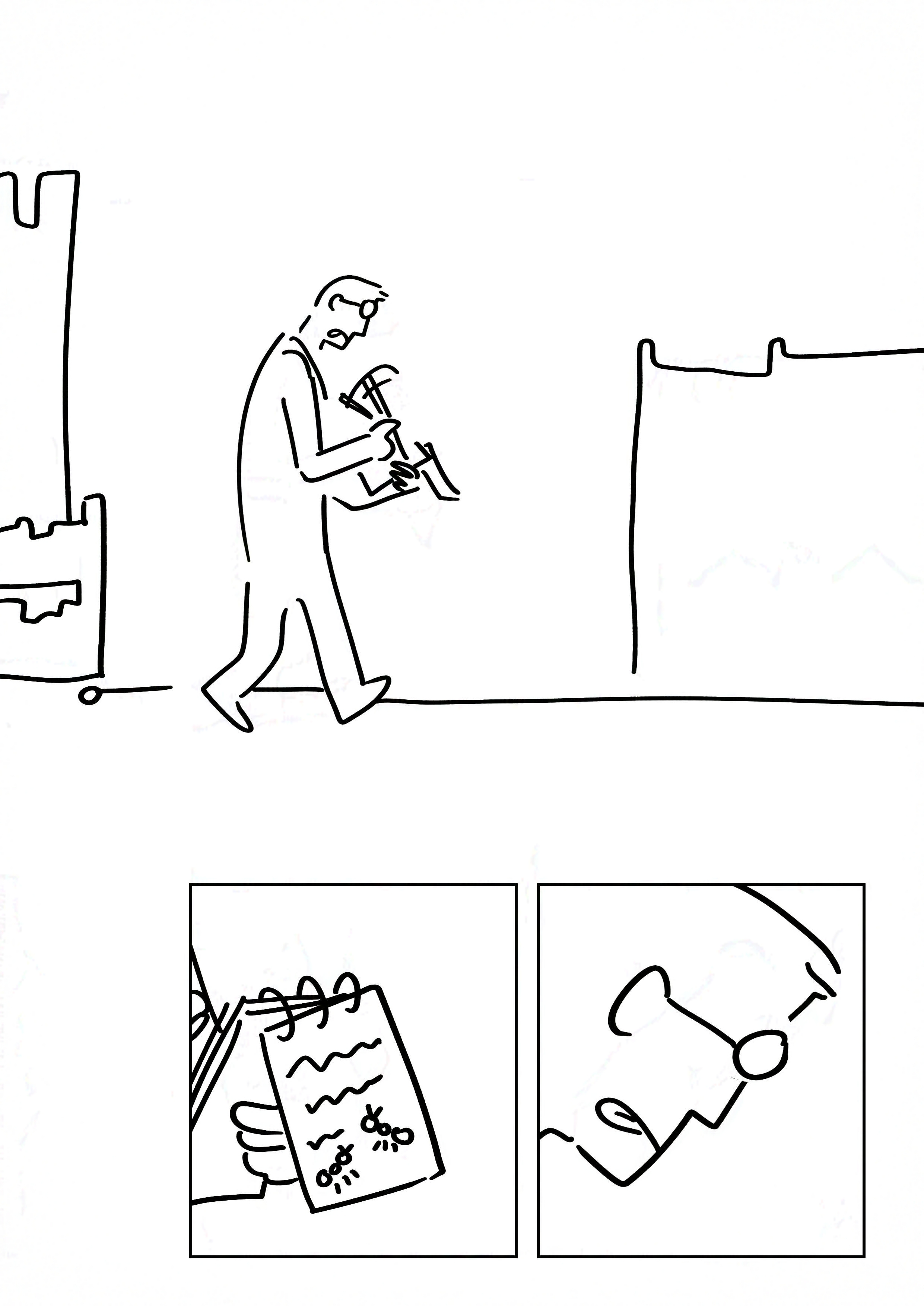 Panel 1: The librarian leaving the book cart behind as they walk and write at the same time. Their tongue is stuck out slightly in concentration.
Panel 2: Close-up of the notebook shows they've drawn some ants, taking inspiration.
Panel 3: Close-up of the librarian's concentrating face.
