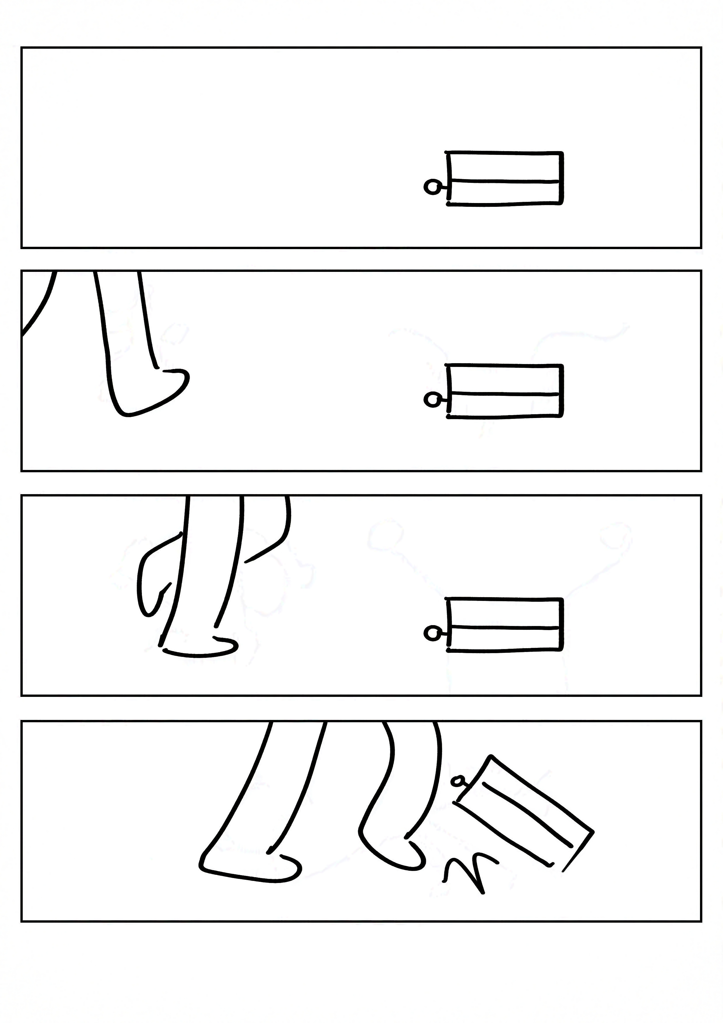 4 panels of the librarian's legs walking and bumping into Occam's Gun box with the key already loaded.