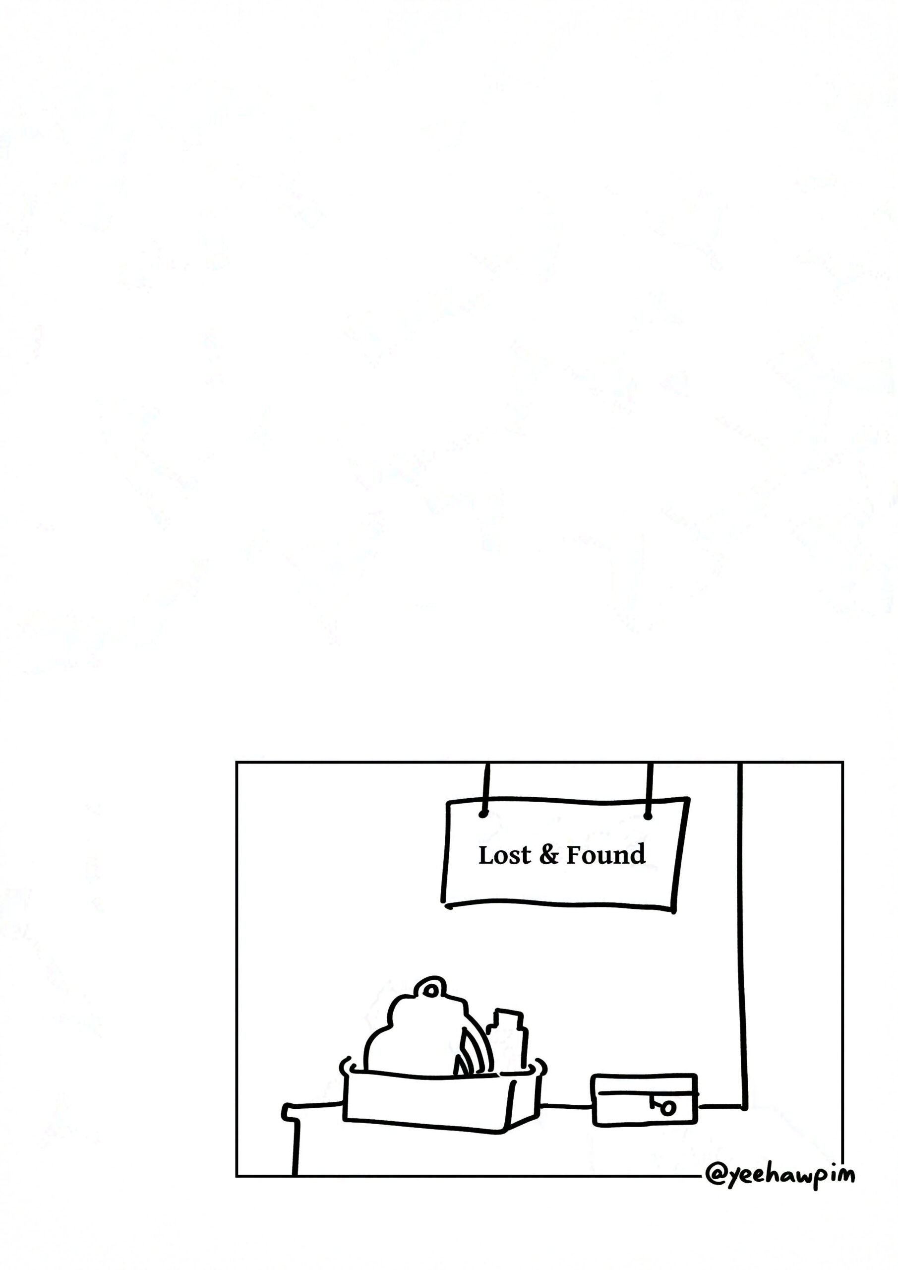 Panel 1: A sign that reads, "Lost & Found" hanging from above a counter. There's a bin containing a backpack and water bottle underneath. Occam's Gun and it's still closed box sits beside it. Watermark: @yeehawpim