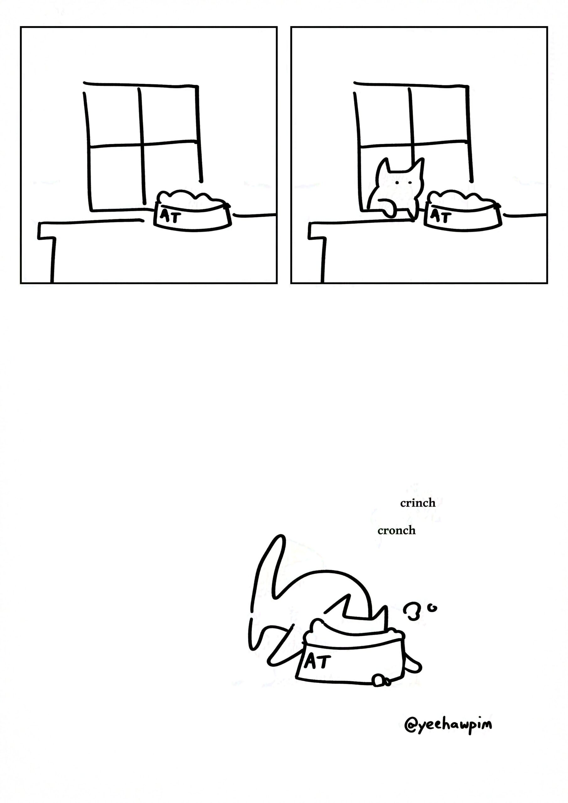 Black and white comic with simple digital drawings.
Panel 1: A desk pushed up to the window. A bowl of cat food is placed close to the window.
Panel 2: Chekov's Cat peeking through the window to look at the food. It looks like a white cat.
Panel 3: Chekov's Cat with it's faced submerged in the food bowl, it's front paws spread wide. Sound effects of it eating as crumbs go everywhere: crinch cronch
Watermark: @yeehawpim