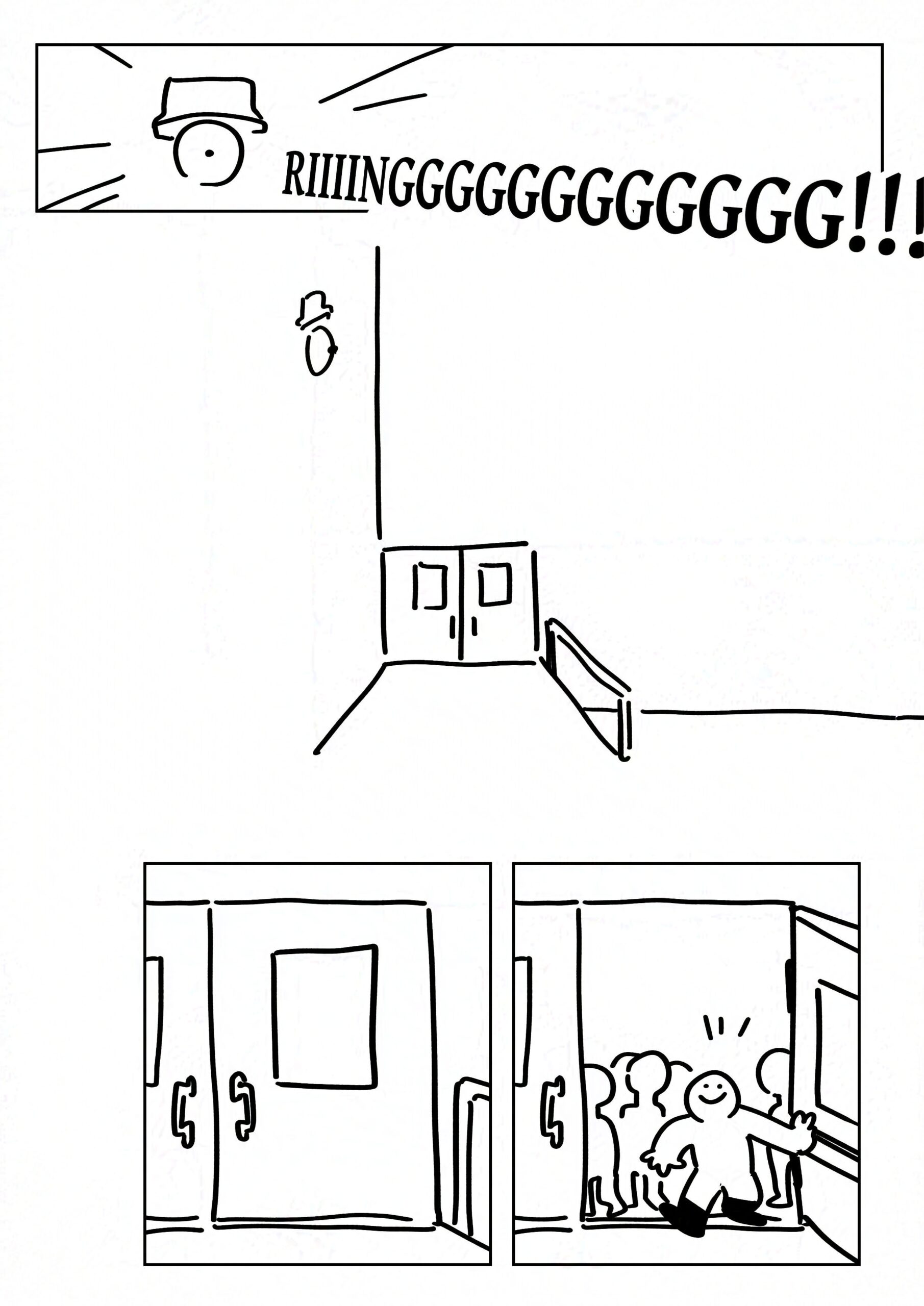 Black and white comic with simple digital drawings. Panel 1: A school bell rings. The sfx text exceeds the borders of the panel. SFX: RIIIINGGGGGGGG!!! Panel 2: A corner of the under cover area, the bell on the wall. There is a set of double doors with windows on them, in front of them is a ramp with a railing. Panel 3: Closer look at the double doors. Panel 4: The kid pushes open the door and steps out, wearing their black boots and smiling. There is a crowd of kids also waiting to exit behind them but they have no distinguishable features.