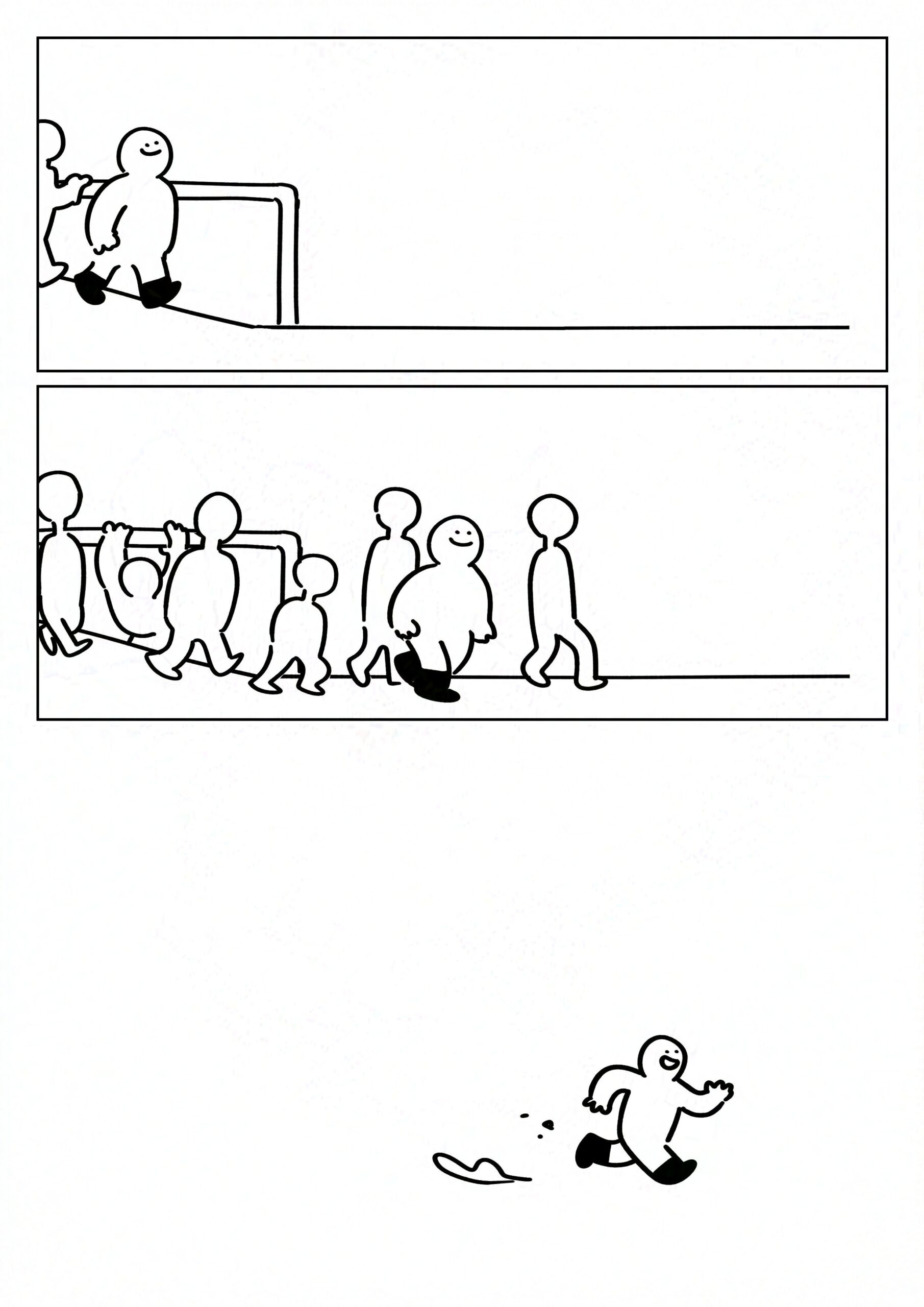 Panel 1: The kid smiling as they walk down the ramp and outside. Panel 2: More kids walking down the ramp and outside in a crowd. Panel 3: The kid running off and smiling into the outside.