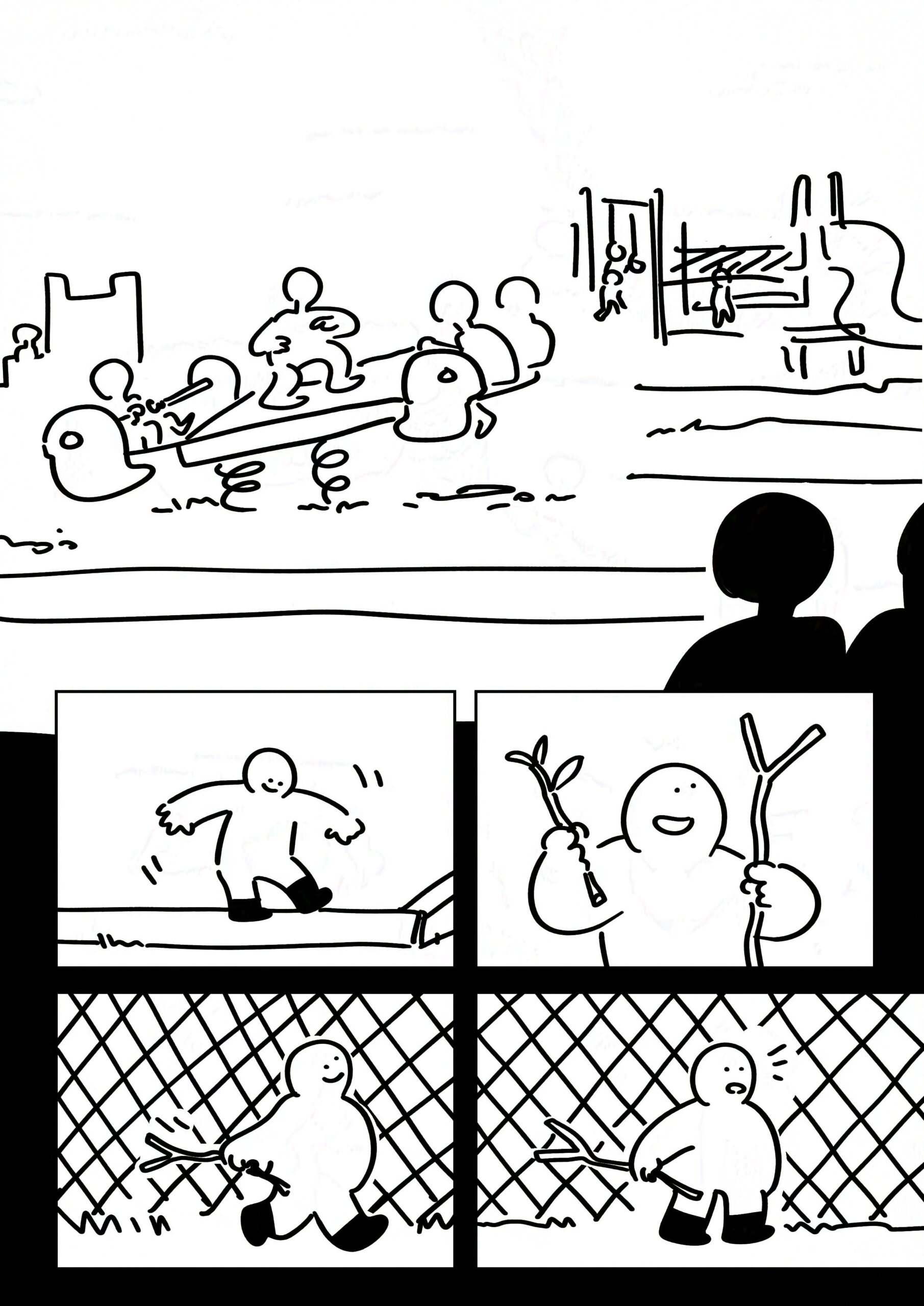 Panel 1: Kids playing on different playgrounds. There is a see-saw looking device with one person standing in the middle pushing the kids that sit on either end. Panel 2: The kid smiling and balancing on a wooden beam by themselves. Panel 3: The kid comparing two sticks in each hand, smiling at the longer Y-shaped one. Panel 4: The kid walking along a metal mesh fence while holding their stick out so it drags along it. Panel 5: The kid stops as they notice something on the other side of the fence.