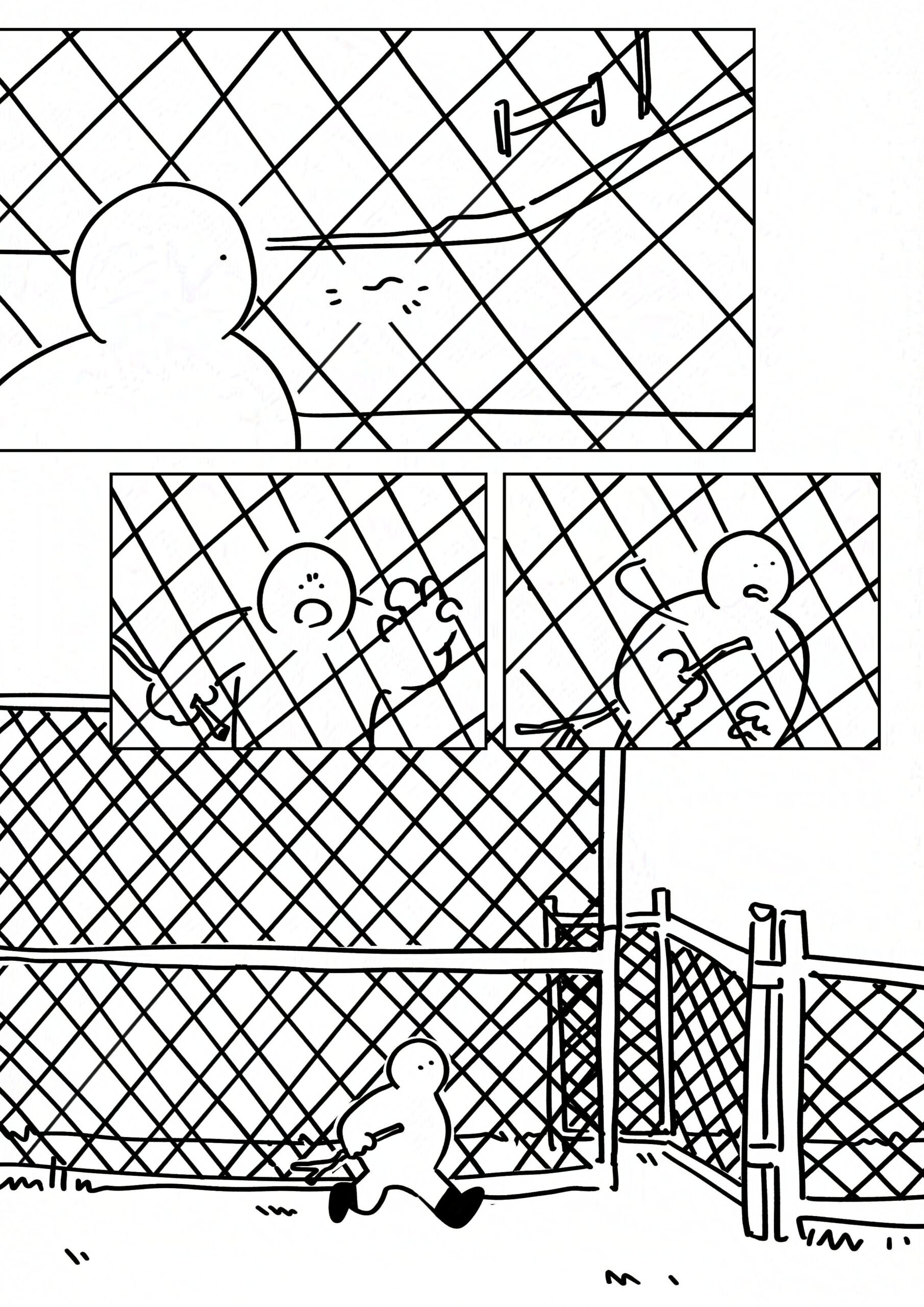 Panel 1: The kid looks through the fence and sees a squiggly little line on the cement road.
Panel 2: The kid gripping the fence with their free hand and looking alarmed. Their mouth is open and their brow is crinkled.
Panel 3: The kid turns to walk.
Panel 4: The kid trotting towards the exit in the fence. There's a gap where it opens with an L shape.
