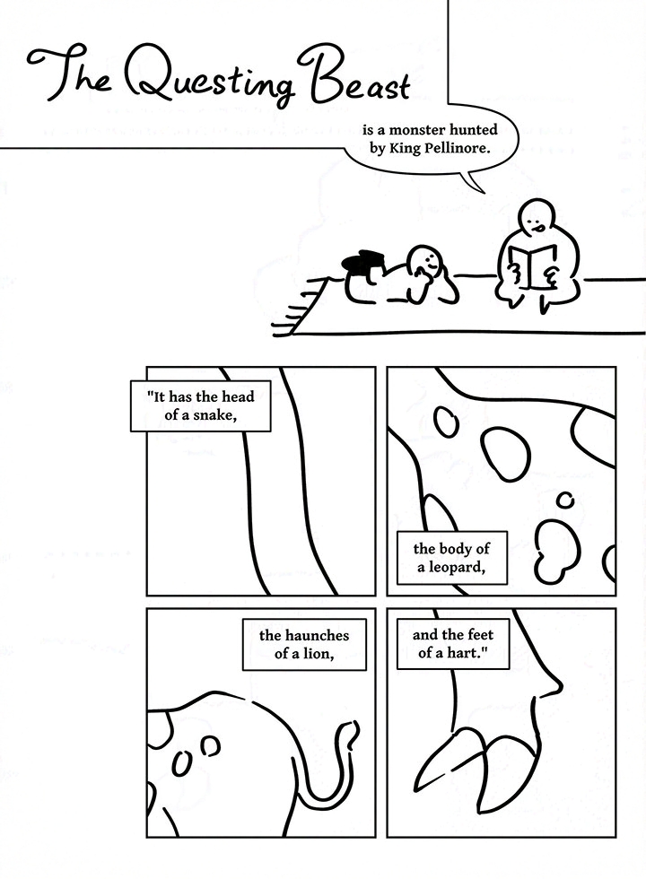 Handwritten text: The Questing Beast
Panel 1: The two kids sitting on a mat on the floor. The kid on the left is on their stomach with their face in their hands, smiling. They wear their black boots. The kid on the right is holding a book in their lap and reading. They say, "is a monster hunted by King Pellinore."
Text: "It has the head of a snake,"
Panel 2: A snakish neck silhouette.
Text: the body of a leopard,
Panel 3: A spotted body connected to the neck.
Text: the haunches of a lion,
Panel 4: The butt of a tiger with it's tail.
Text: and the feet of a hart."
Panel 5: A deer hoof.