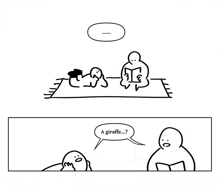 Panel 6: The two kids sitting in silence with a speech bubble that reads, "......"
Panel 7: They turn to look at each other and say, "A giraffe...?"