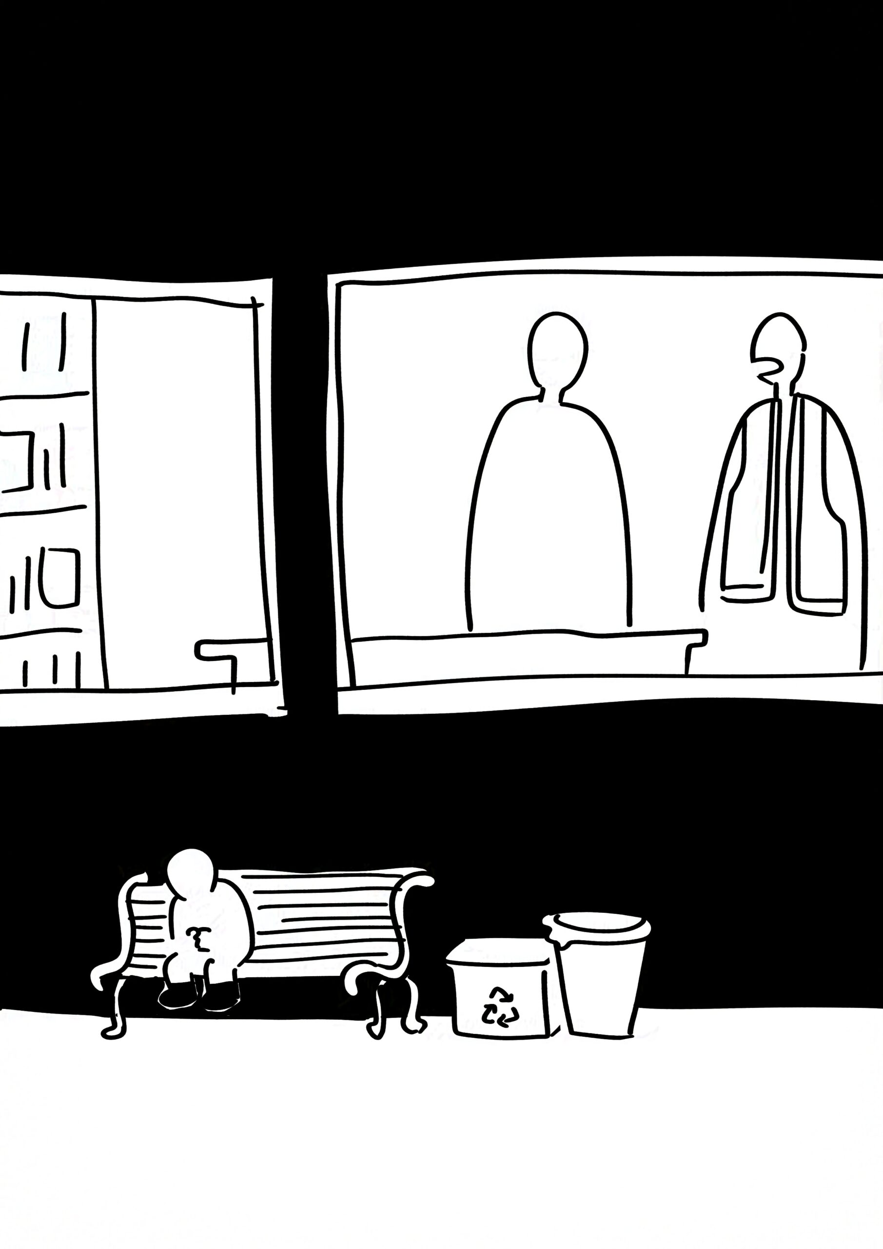 The kid sitting hunched in a dark hallway on a bench. There are windows on the wall behind him to an office where the supervisor is talking to another adult.