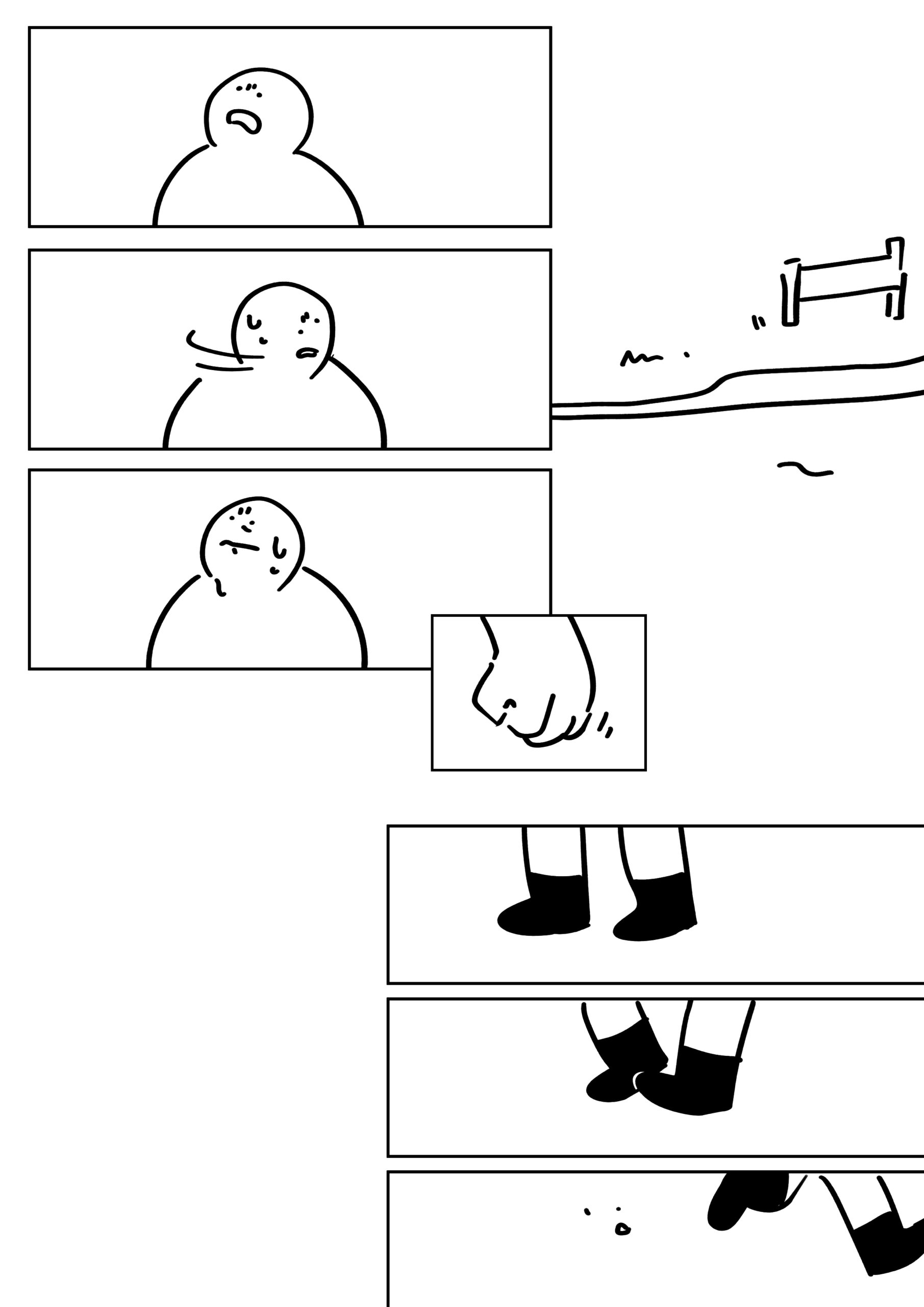 Panel 1: The kid looking up with a worried expression. Panel 2: The kid turning to look behind them, sweating. Panel 3: The kid looking back up with a worried but clenched expression. Panel 4: A view of the street with the indistinct squiggle of the worm on the concrete. Panel 5-7: The kid's feet as they take a step backwards and turn to run.