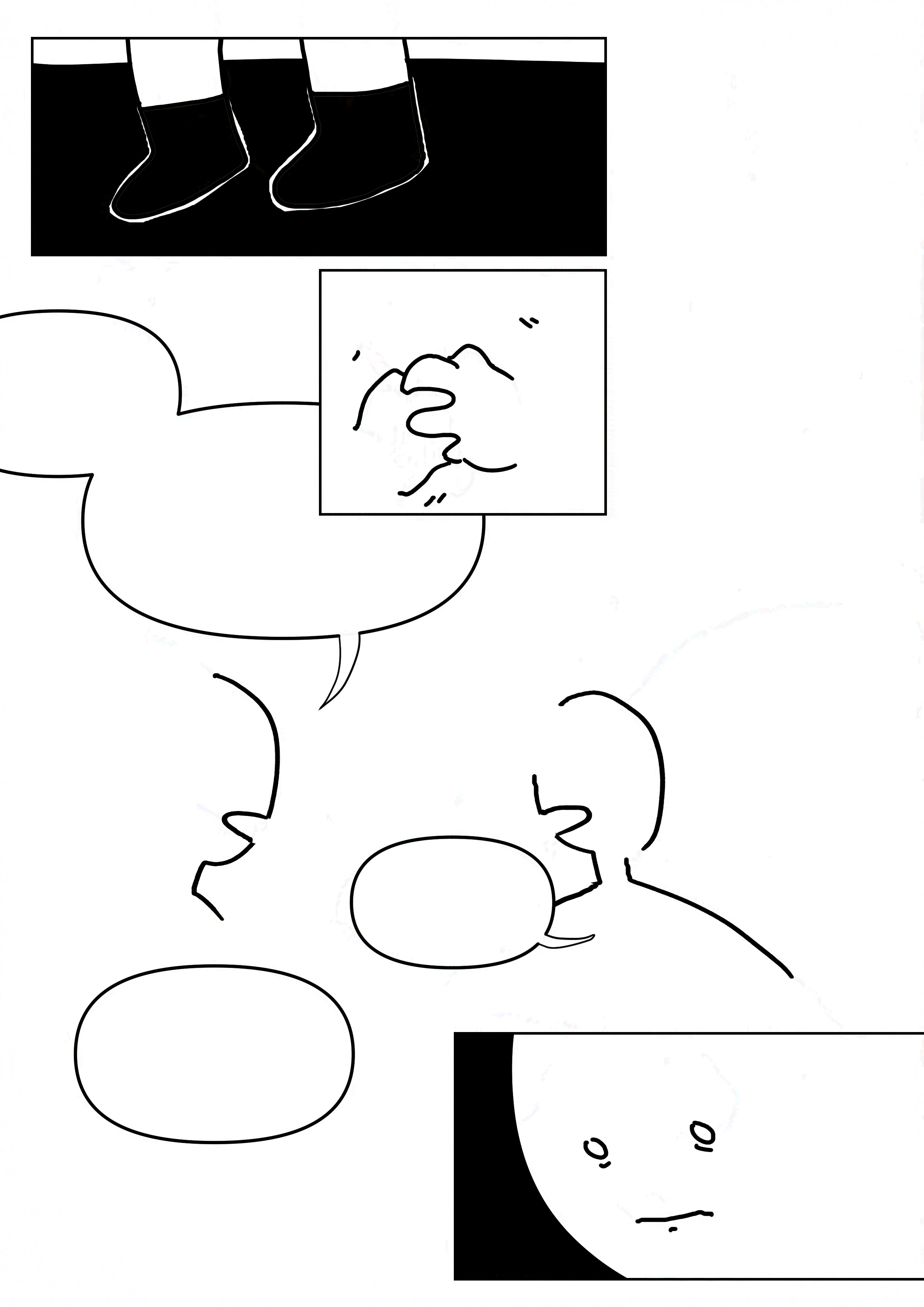 Panel 1: Close-up of the kid's boots dangling in the darkness.
Panel 2: The kid's hands clenched together.
Panel 3: Silhouettes of the two adults talking in blank speech bubbles.
Panel 4: The kid staring down wide-eyed with their mouth clenched shut.