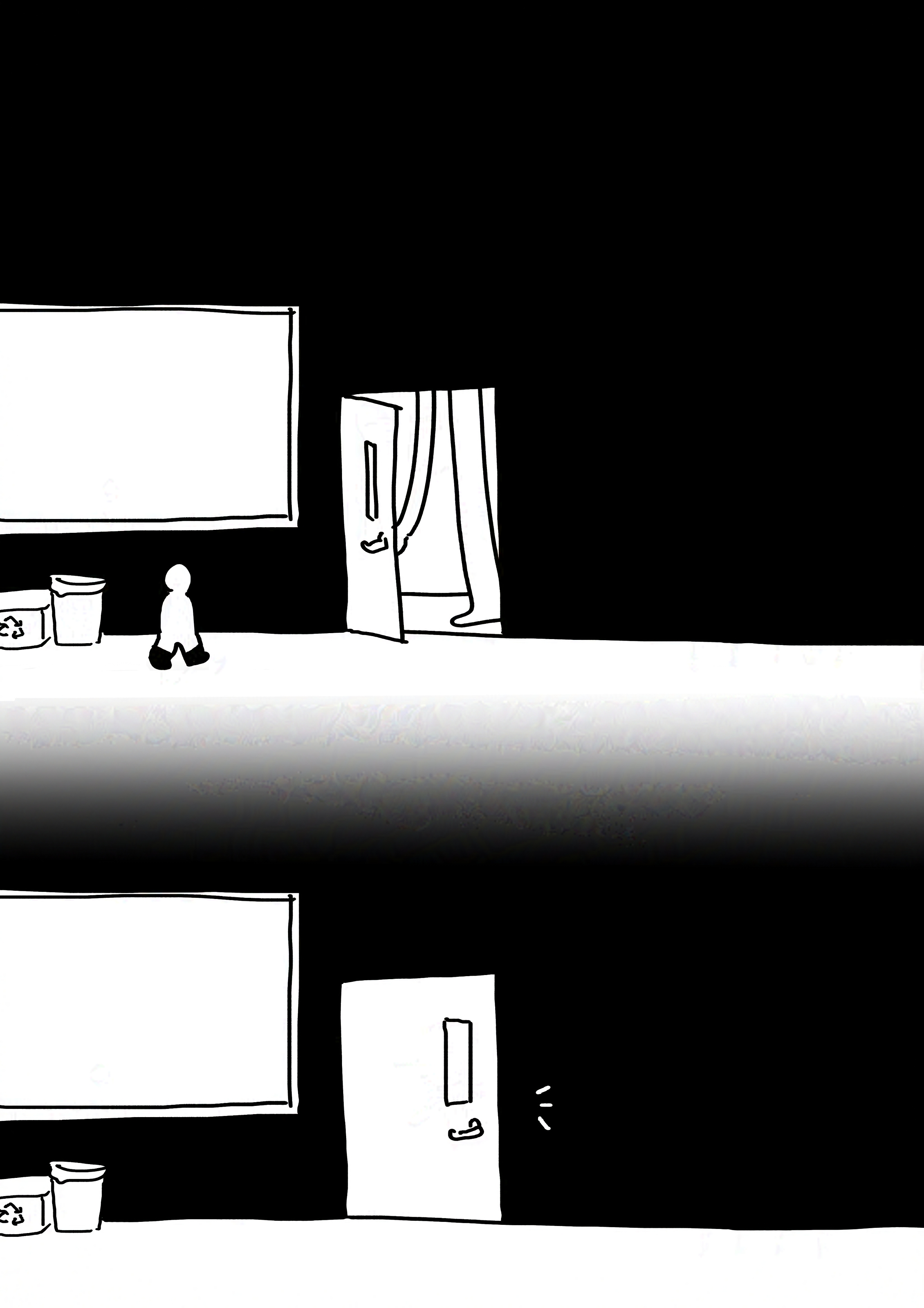 Panel 1: An out of view adult opening the office door and the kid walking towards it.
Panel 2: The door shuts on an empty hallway.