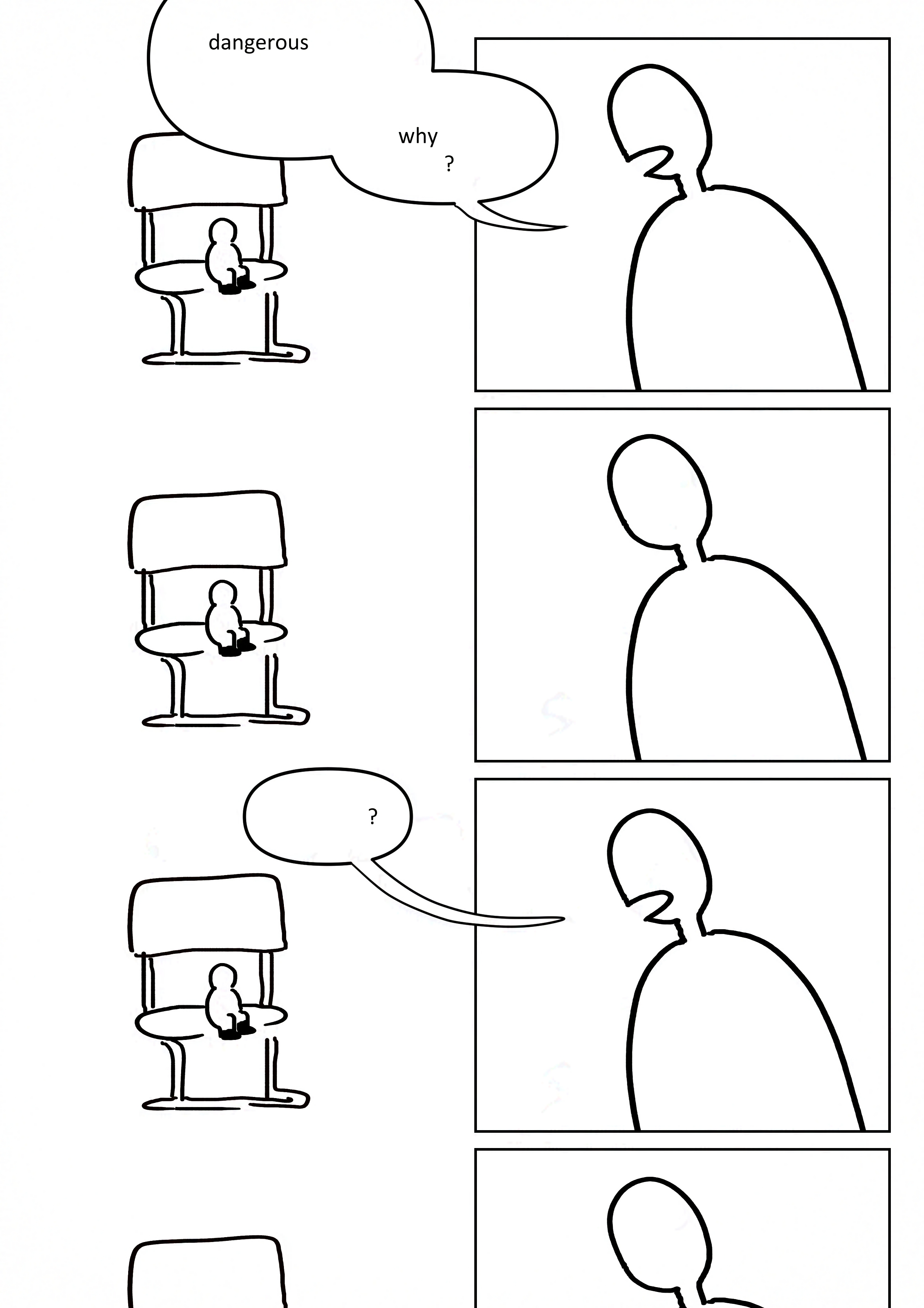 On the left side of the page, the kid sitting on an oversized office chair. They have no expression as on the right side of the page, the staff questions them. The speech bubbles are mostly whited out and the words obscured, but some can be seen. They say "_dangerous_why?" "_?" There are pauses for the kid to answer but there is no response.
