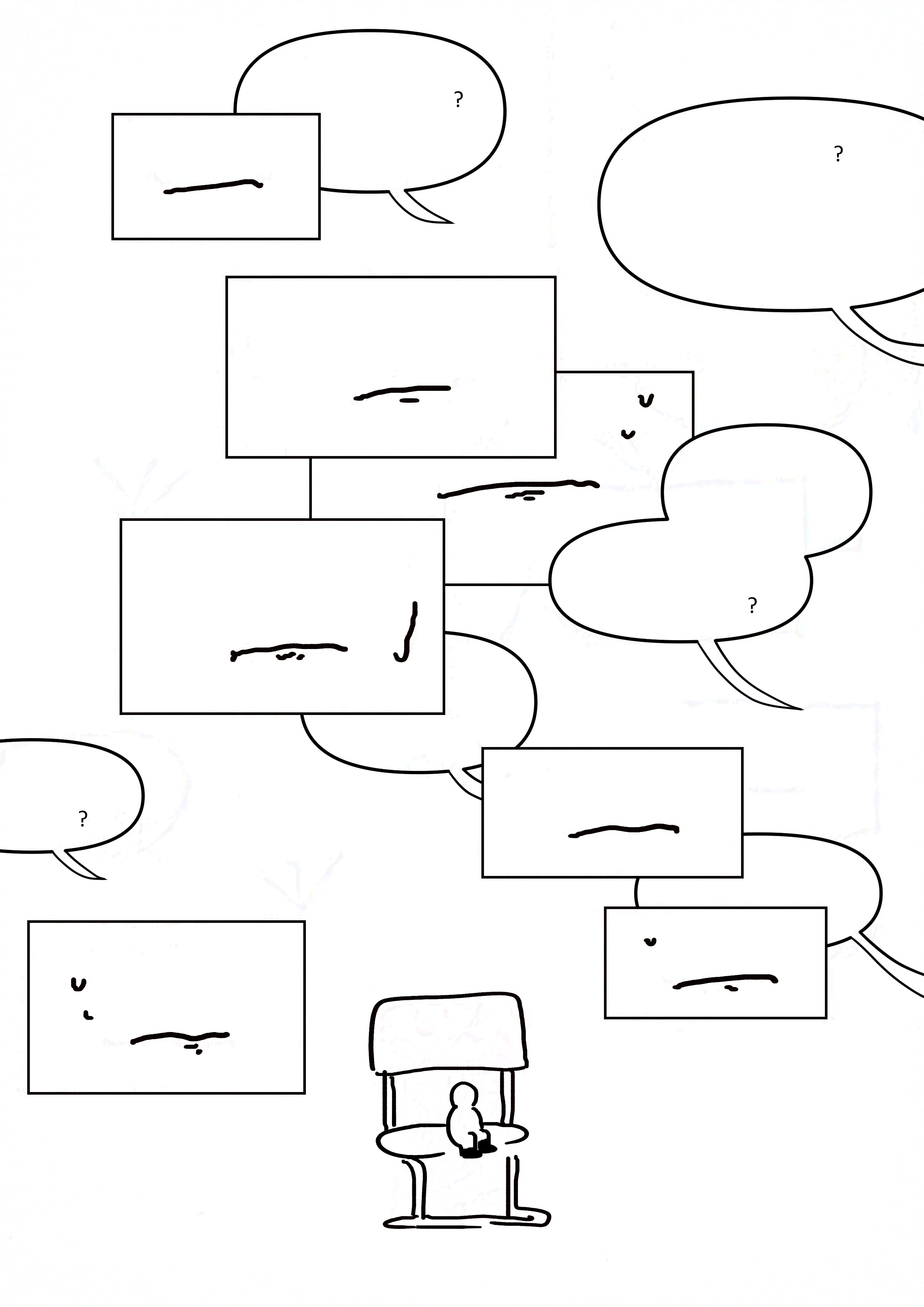 The kid sits on the oversized chair, dwarfed by many close up panels of their clenched, closed mouth and many blank speech bubbles. The Speech bubbles show the negative space of where words should be but there are only question marks.