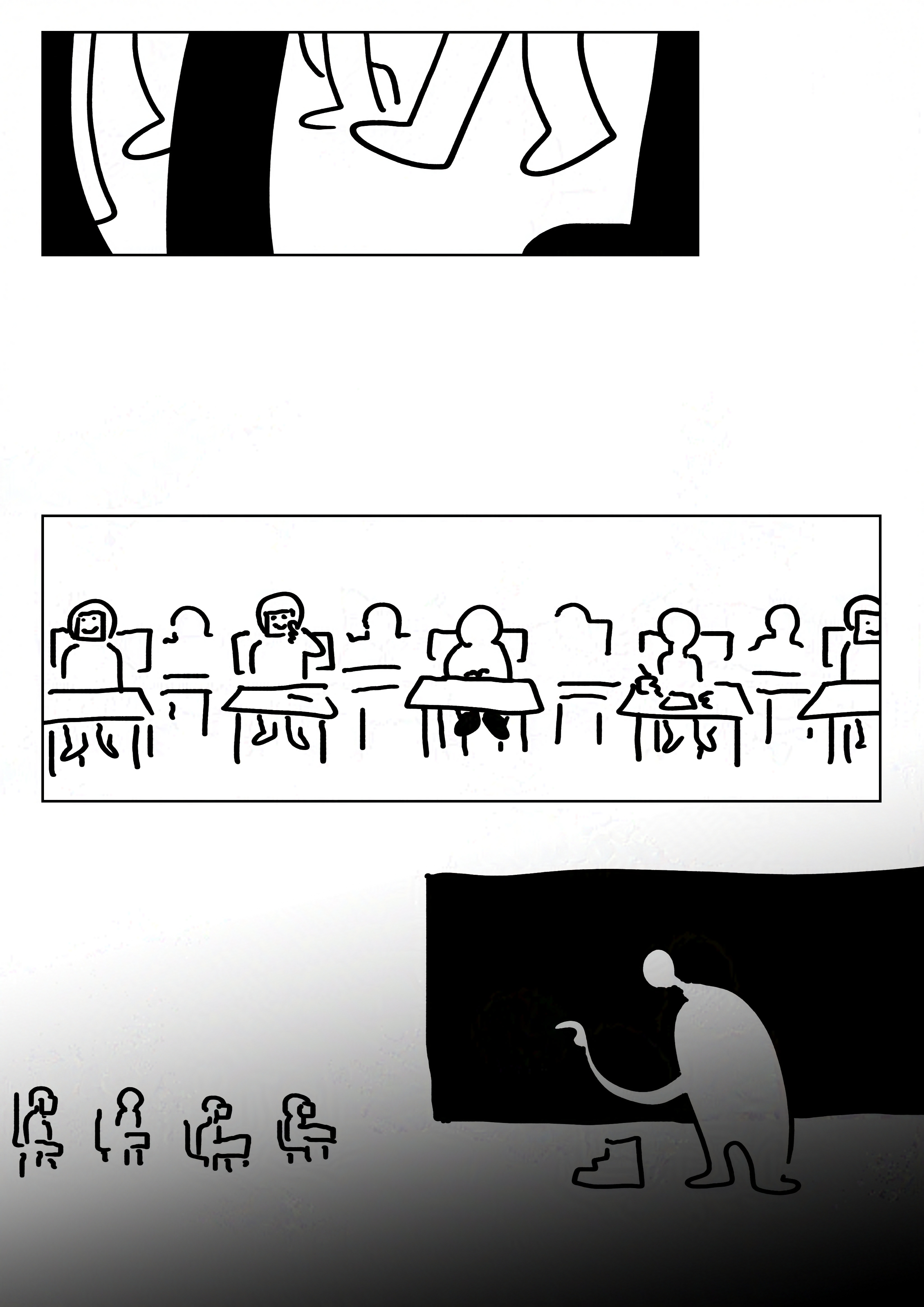 Panel 1: Kids' feet walking back towards the school from outside.
Panel 2: Kids sat in the classroom at single desks, the kid with boots in the middle. Everyone is putting on paper smiley faces except for the kid with boots.
Panel 3: A teacher standing at a blackboard teaching the class. The bottom of the page fades to black.